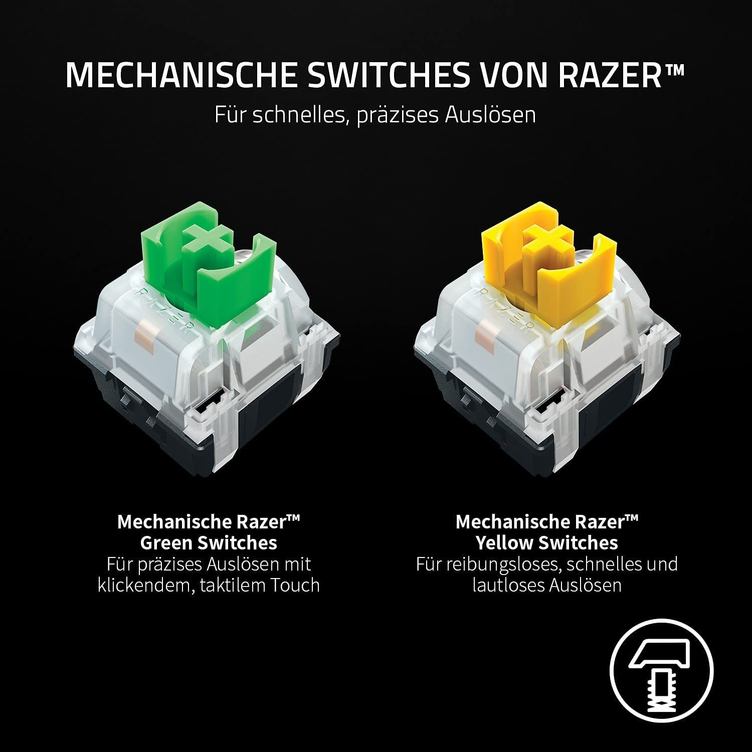 Zwei mechanische Tastaturschalter, grün und gelb. Text, der die Schalter und ihre Eigenschaften beschreibt. Schwarzer Hintergrund.