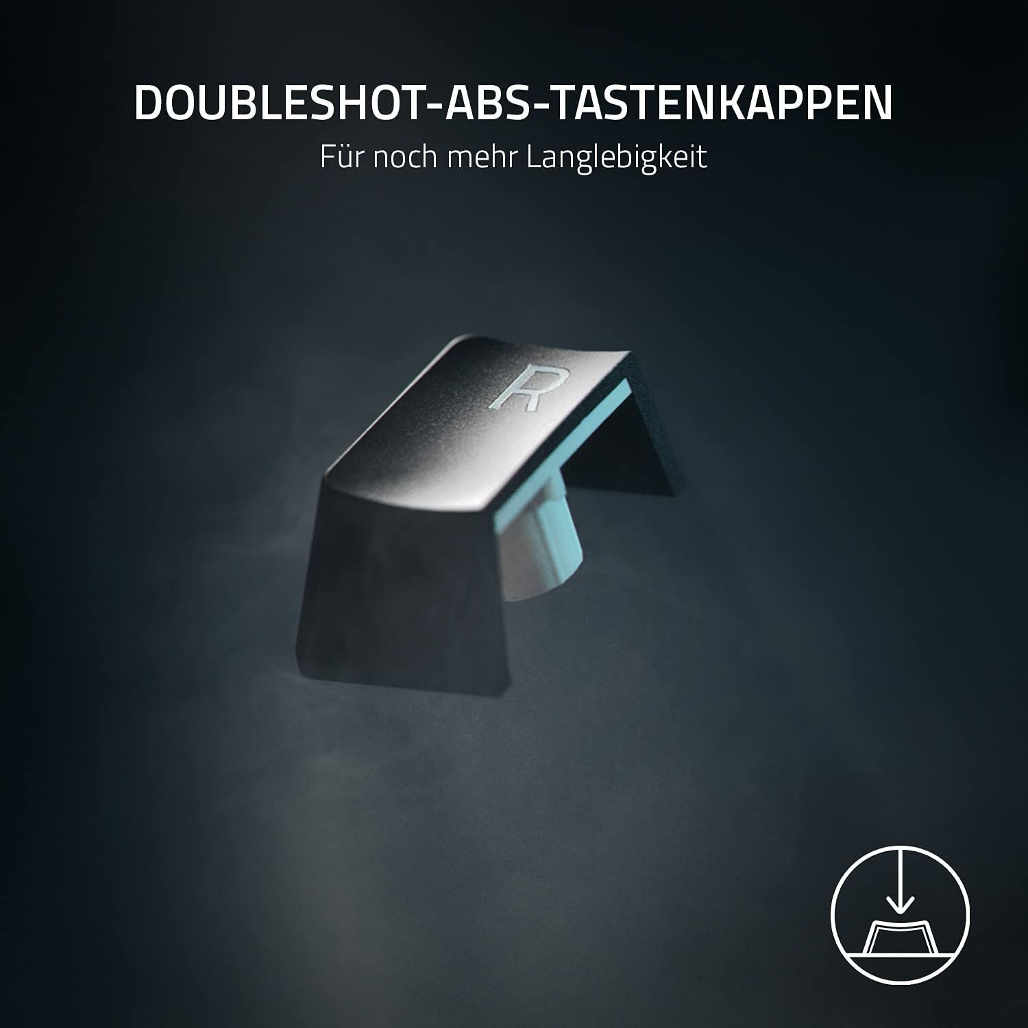 Tastenkappe mit dem Buchstaben 'R'. Dunkler Hintergrund mit Lichteffekten.
