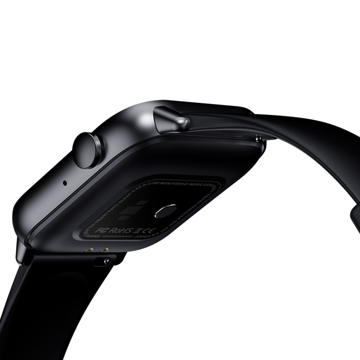 Schwarze Smartwatch, Unteransicht. Zeigt Sensor, Ladepunkte und Armband.