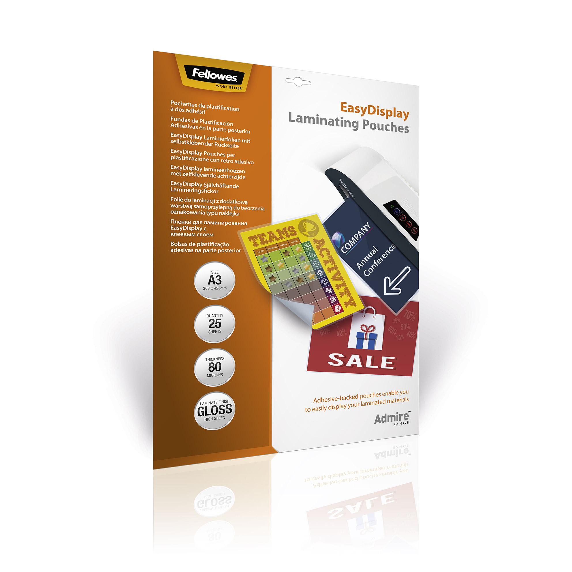 Laminierfolien-Box mit gelb-orangem Design, die laminierte Dokumente mit Werbeaktion zeigt.
