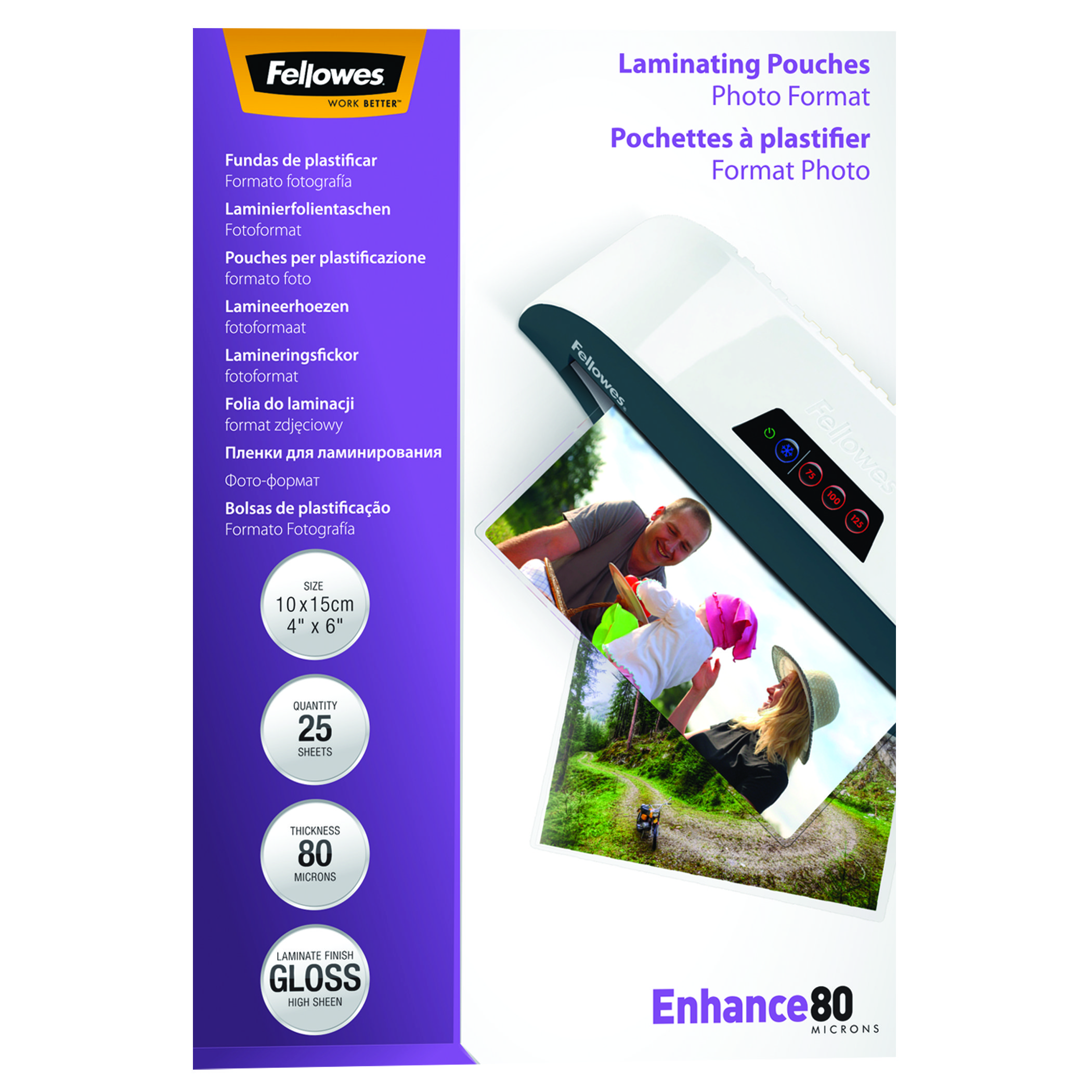 Laminierfolienbox mit Textbeschriftungen und Bild von Laminiergerät und laminiertem Foto.