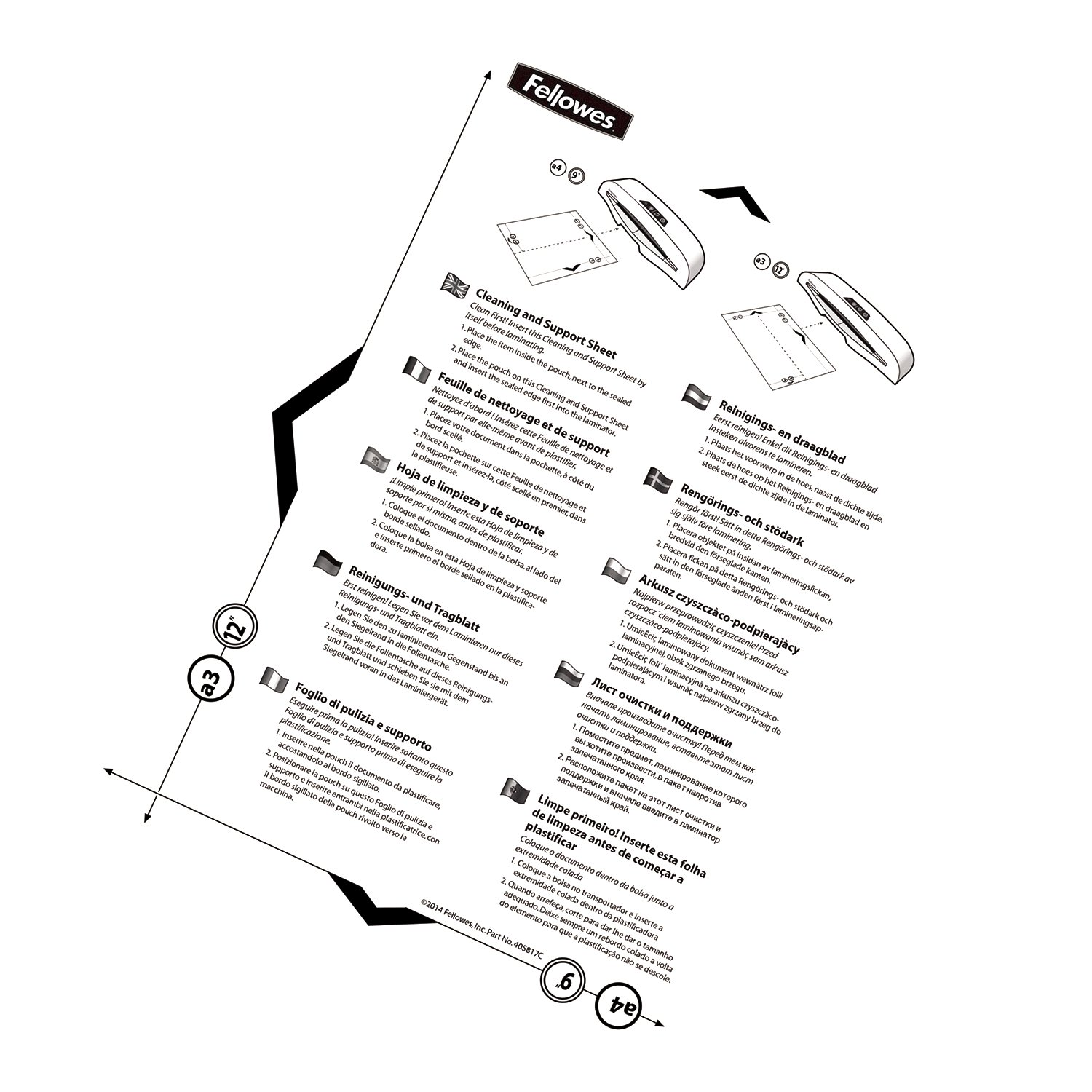 Anweisungen zum Reinigen eines Laminators und einer Trägerfolie. Schwarz-Weiß mit Diagrammen.
