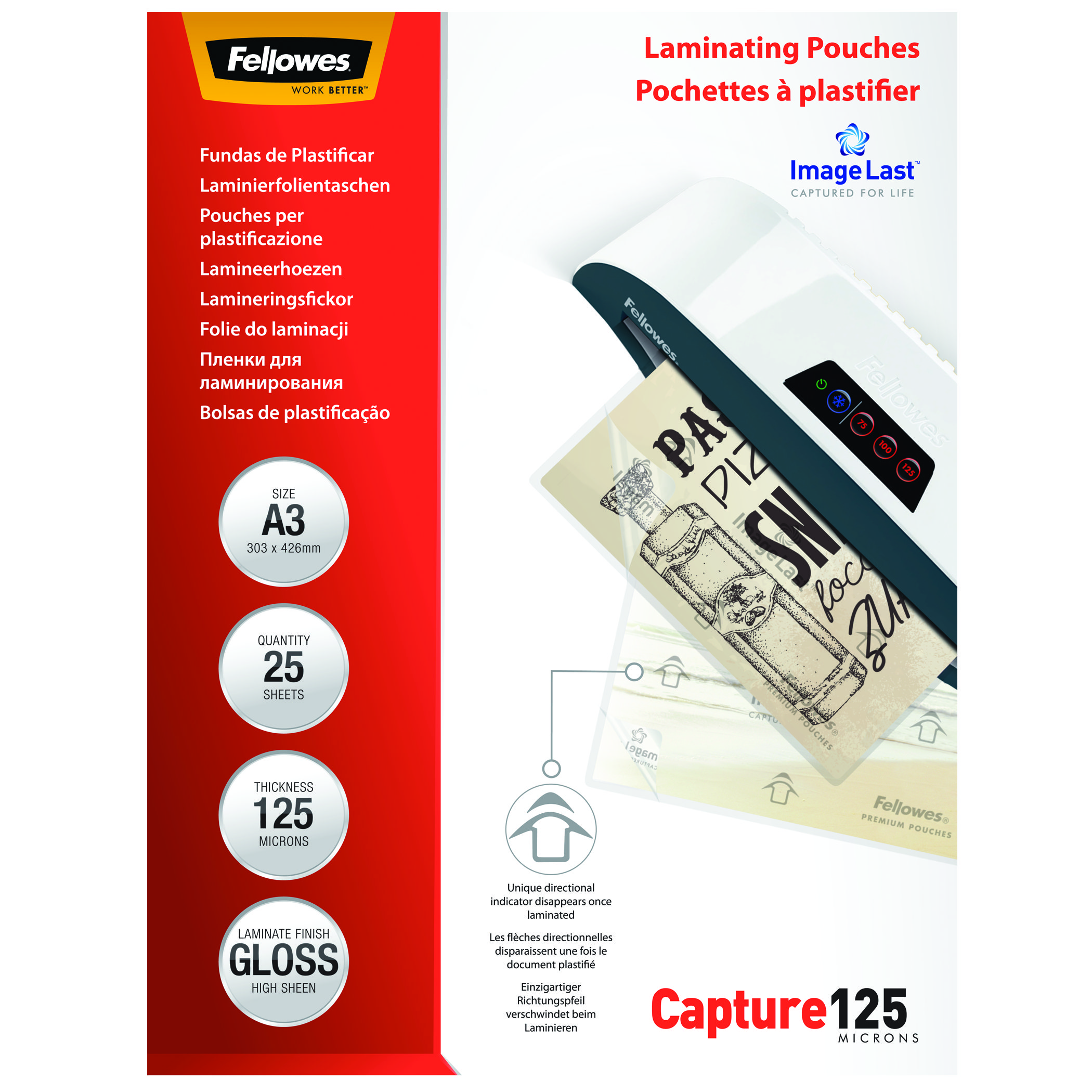 Laminierfolientaschen-Verpackung mit A3-Größe, 25 Blatt und Glanzfinish. Text in verschiedenen Sprachen.