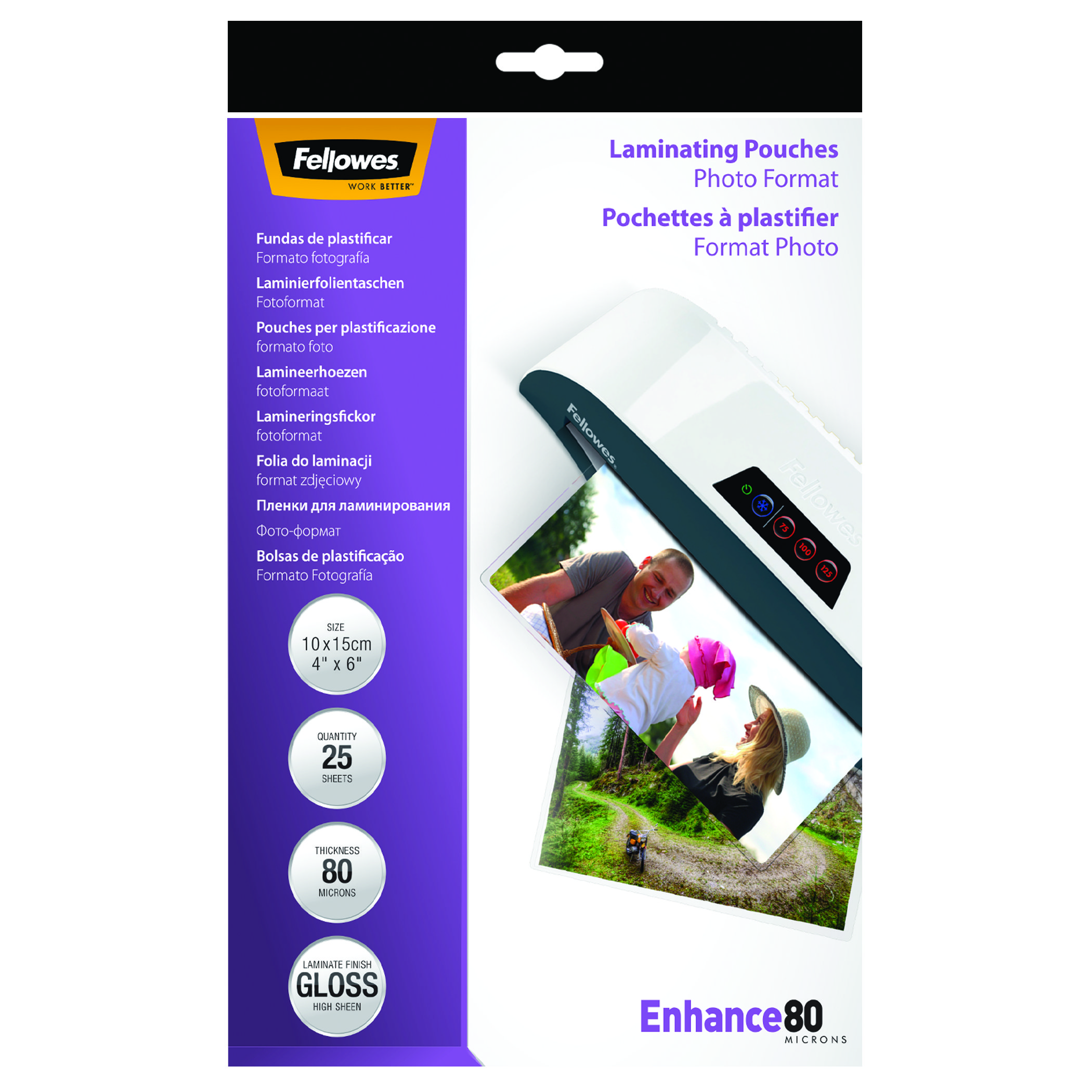 Verpackung für Laminierfolien mit Foto und Laminiergerät auf weißem Hintergrund.