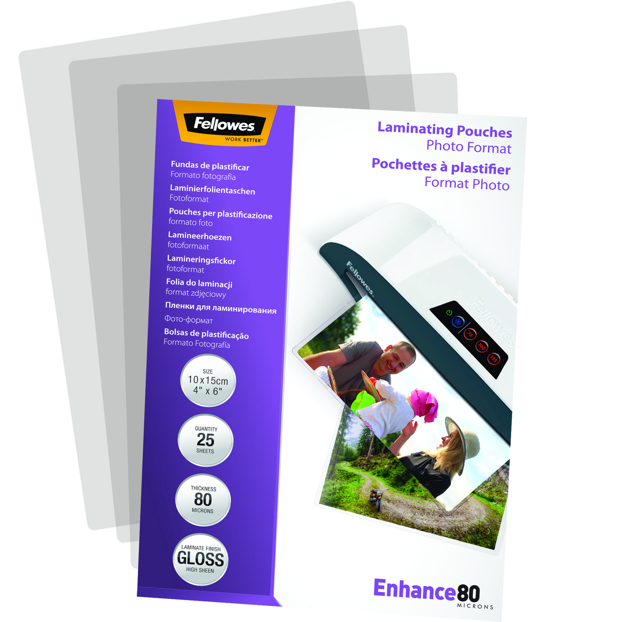 Laminierfolien. Fotoformat. Verpackung mit Marke und Text. Ein Foto wird laminiert.