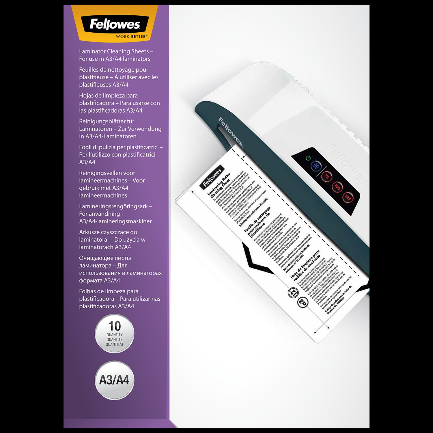 Fellowes Laminator Reinigungsblätter-Verpackung. Text in mehreren Sprachen, mit Produktnamen.