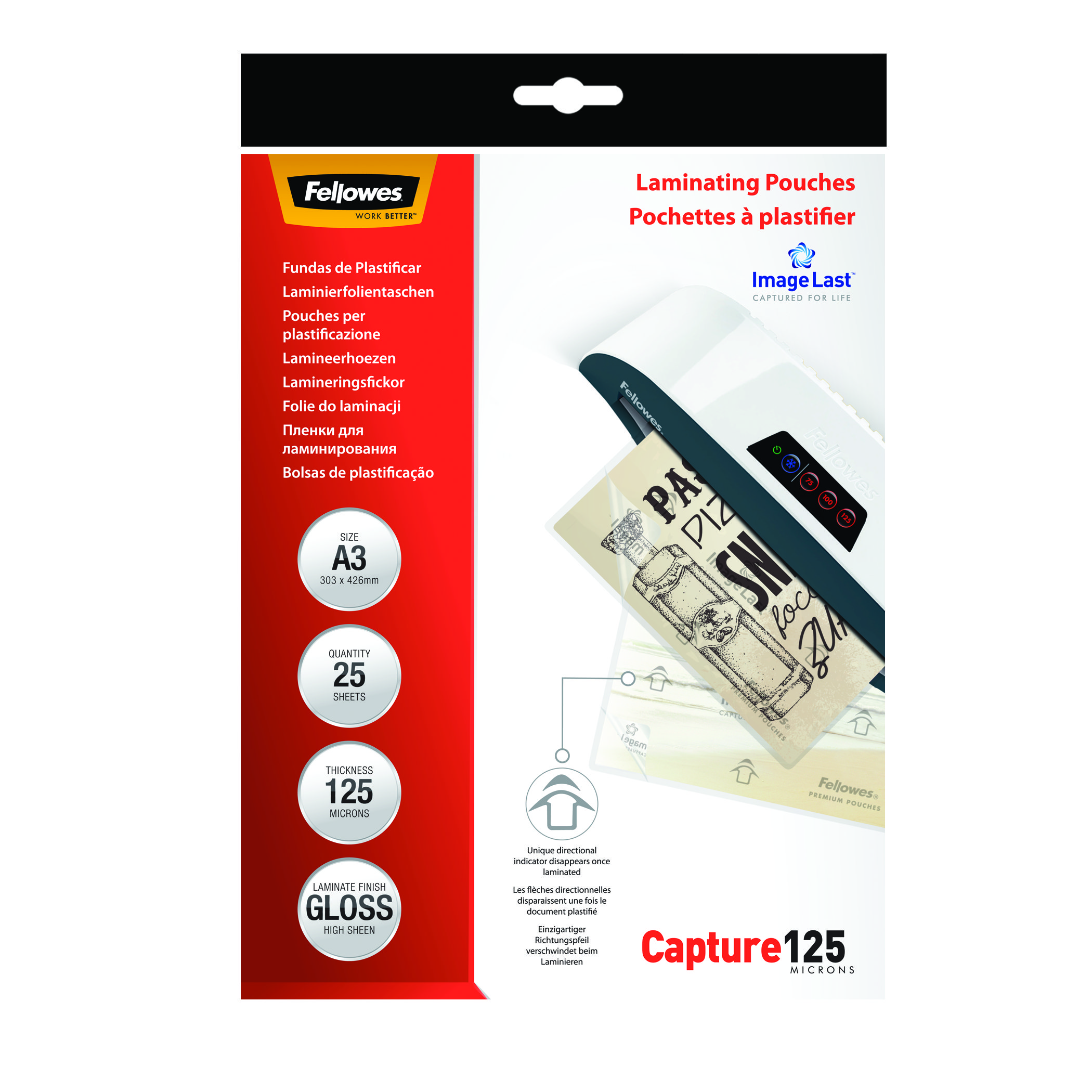 Laminierfolien-Verpackung. Weißer Hintergrund, mit Text: Fellowes, Laminierfolien, A3-Größe, 25 Blatt.