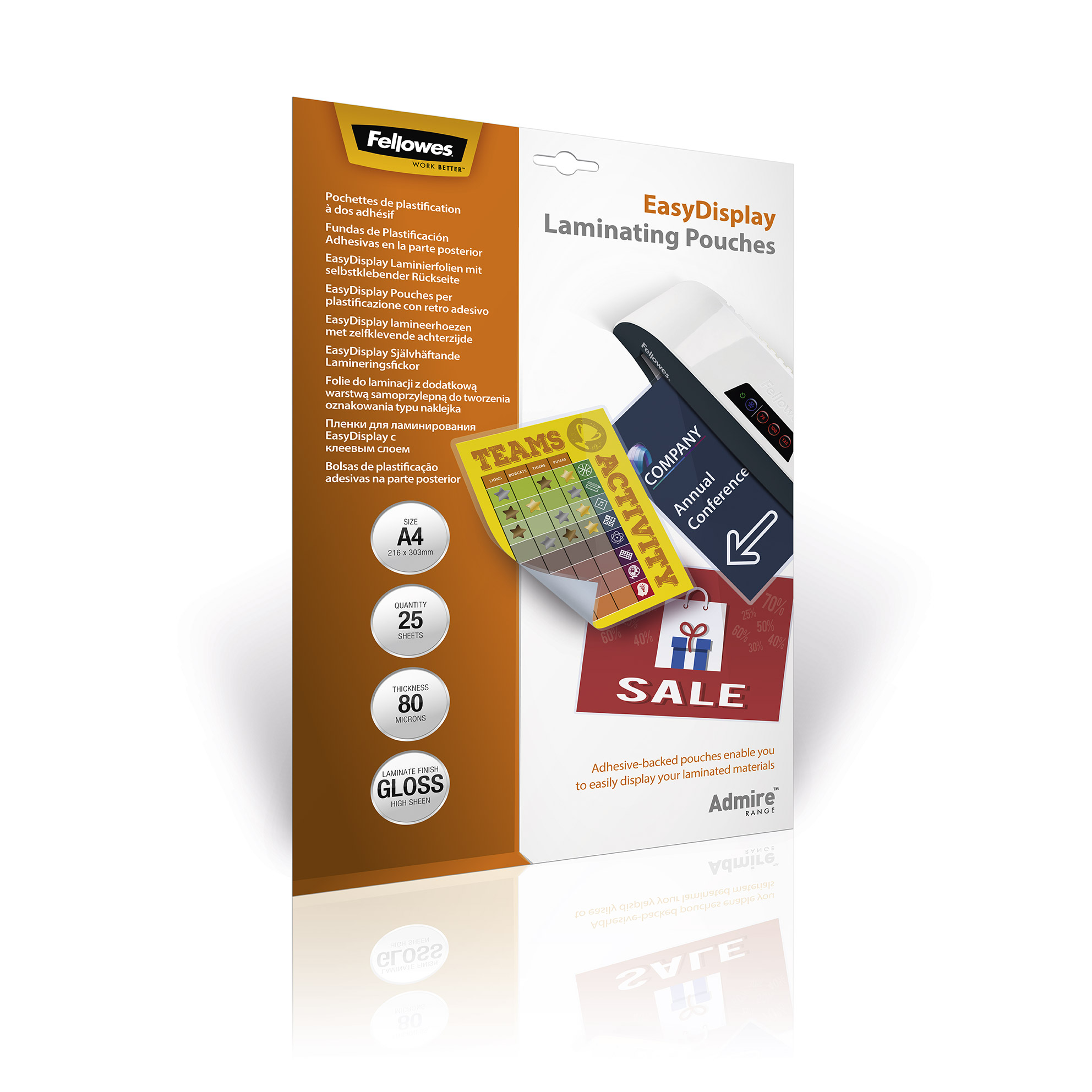 Laminierfolienpackung mit Titel, Grafik laminierter Papiere und Text zum Produkt.