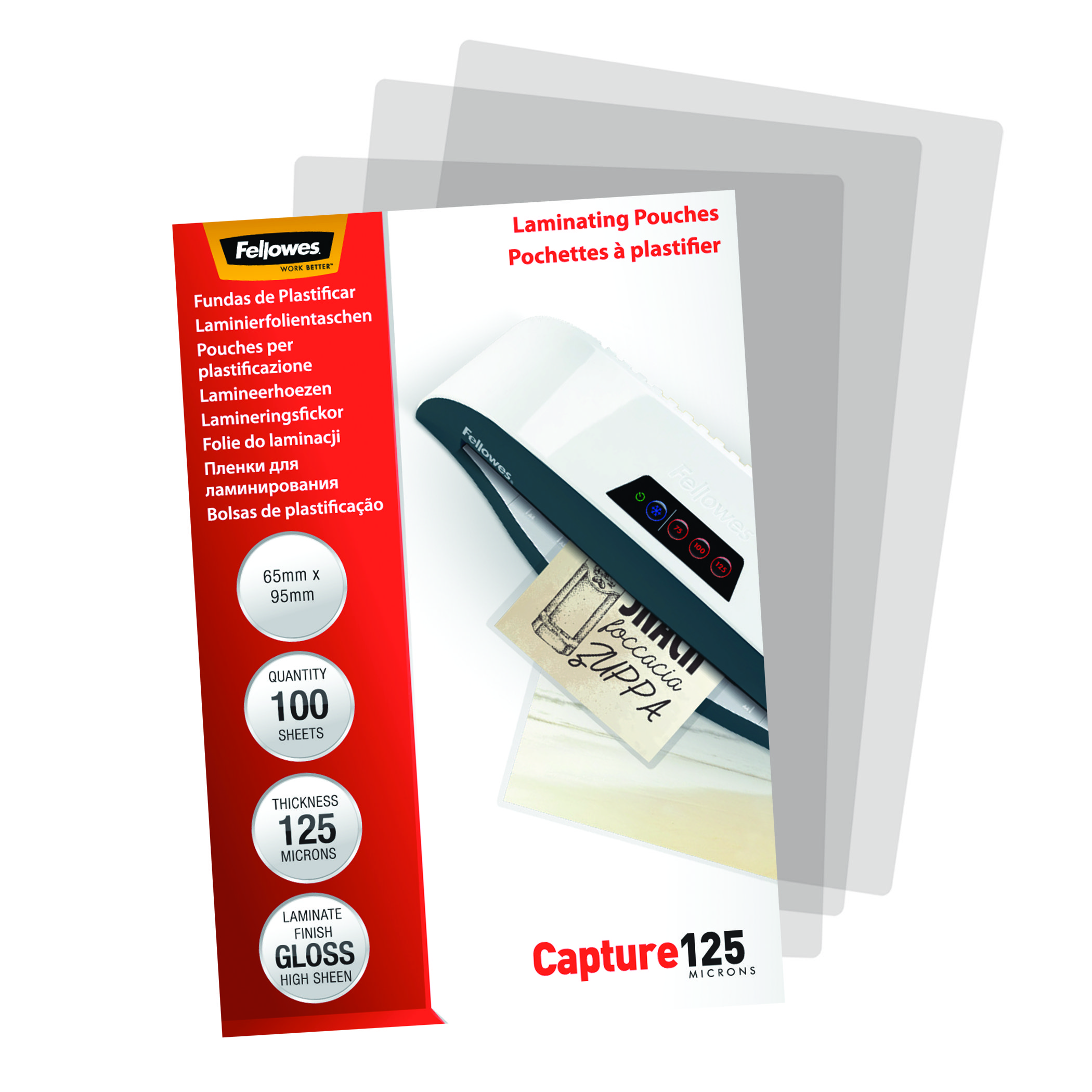 Verpackung für Laminierfolien, mit Branding, Produktdetails und einem Stapel transparenter Folien.