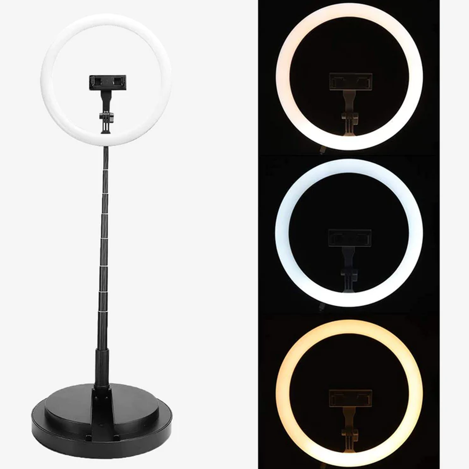 Una luz de anillo con soporte ajustable y ajustes de color. Tres colores de luz: blanco, cálido y neutro.