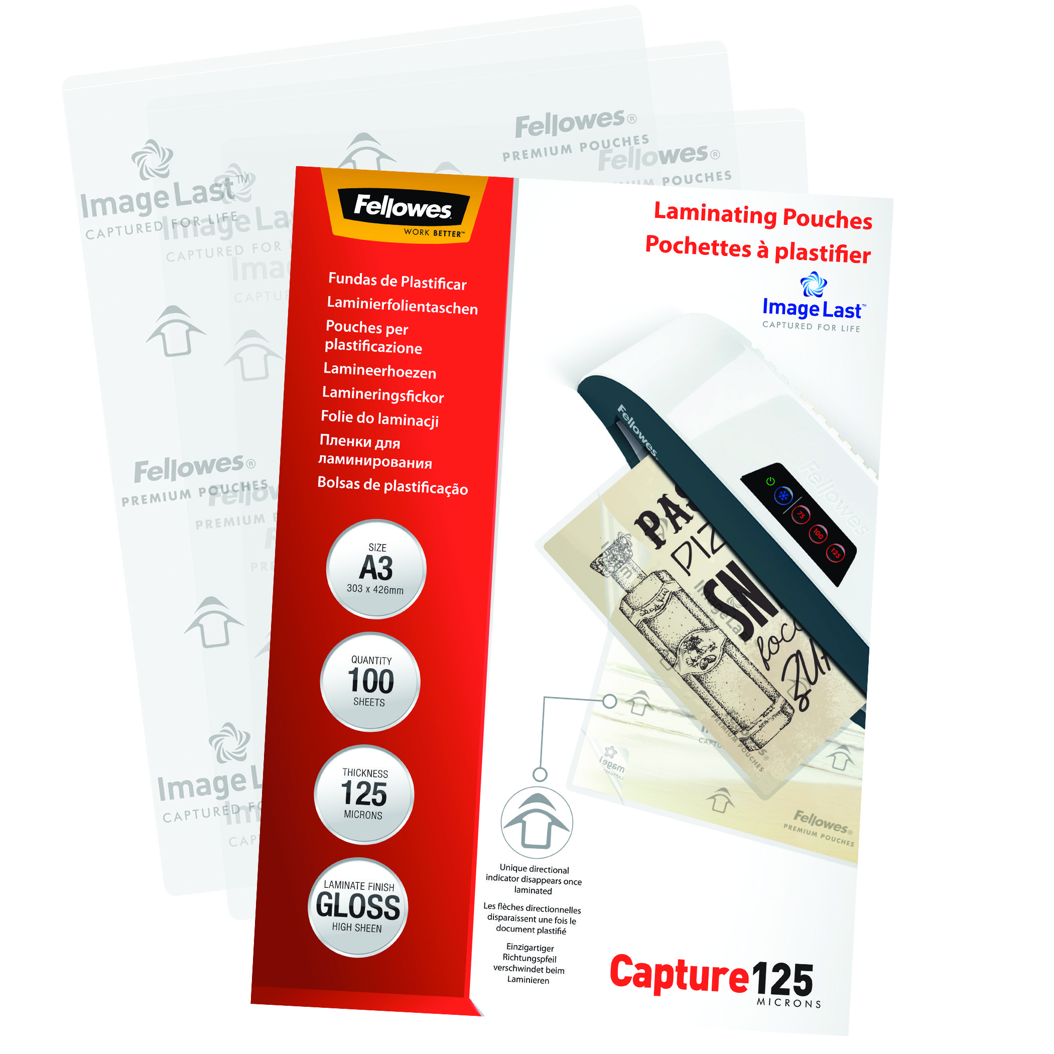 Laminierbeutel. Verpackung mit Text in mehreren Sprachen. Text: Laminierbeutel. Glänzendes Finish.