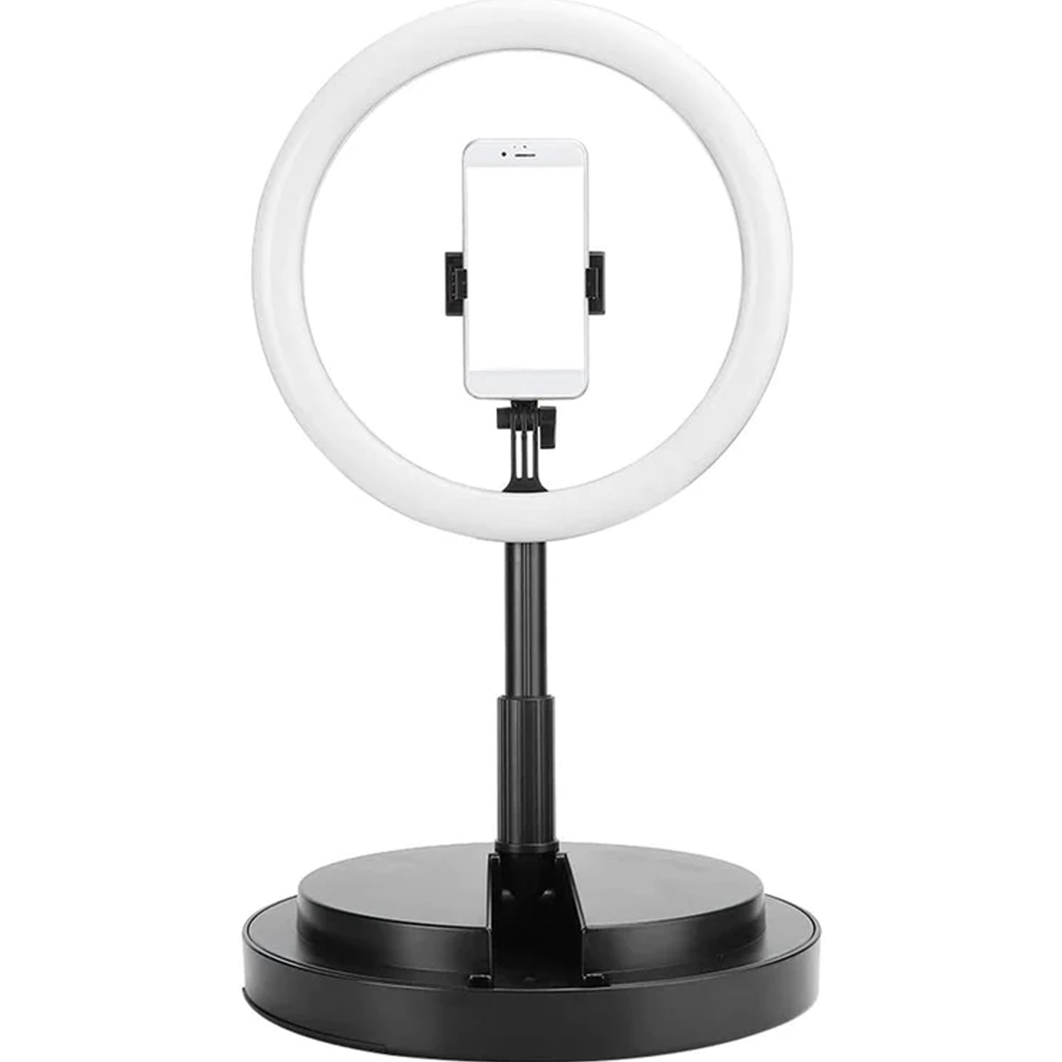 Luz de anillo y soporte para teléfono. Base negra, luz blanca y un teléfono.