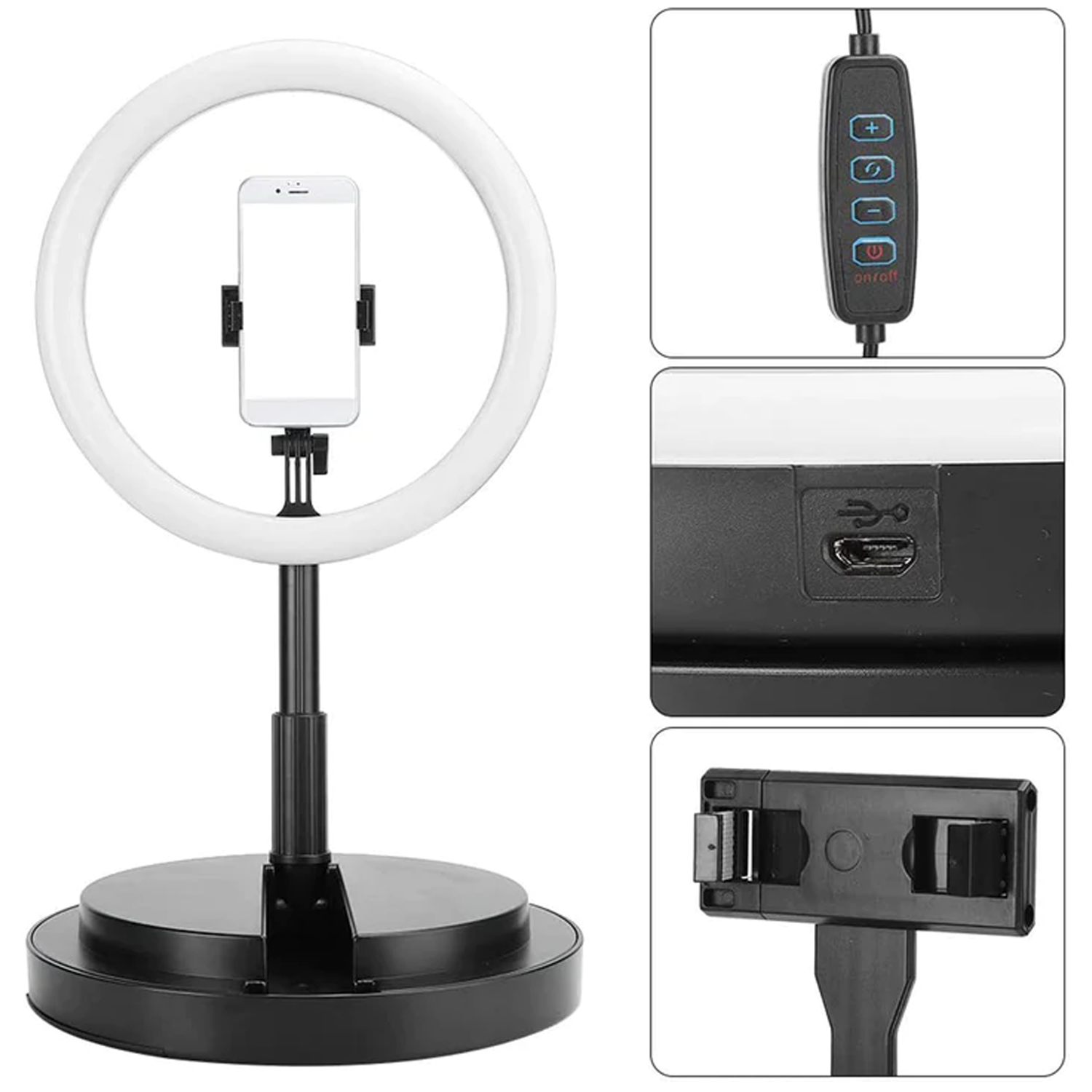 Anillo de luz con soporte para teléfono, base negra y controles. Tres imágenes con detalles.