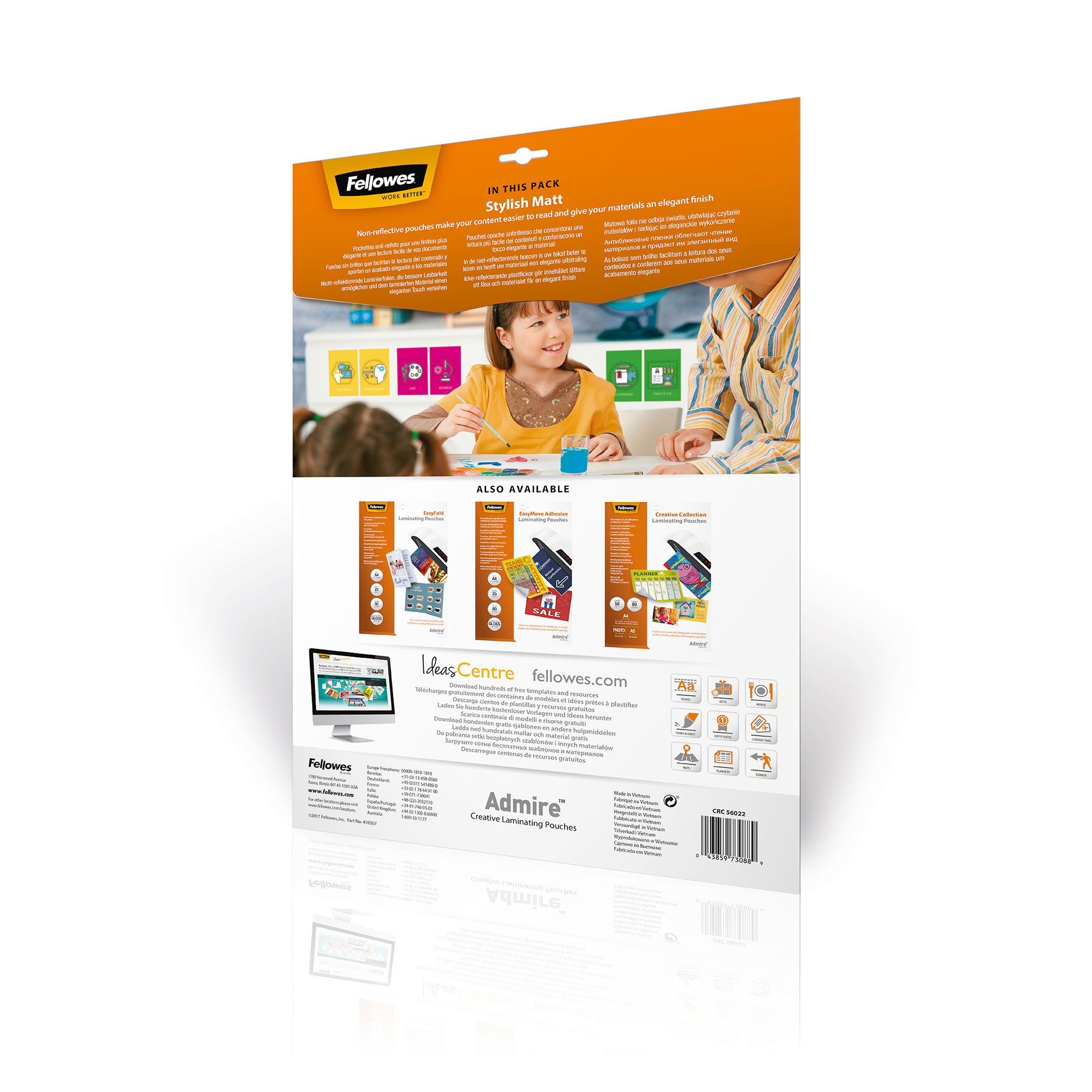 Rückseite einer Verpackung mit Text und Bildern. Ein Mädchen zeichnet. Andere Produkte sind erhältlich. Weißer Hintergrund.
