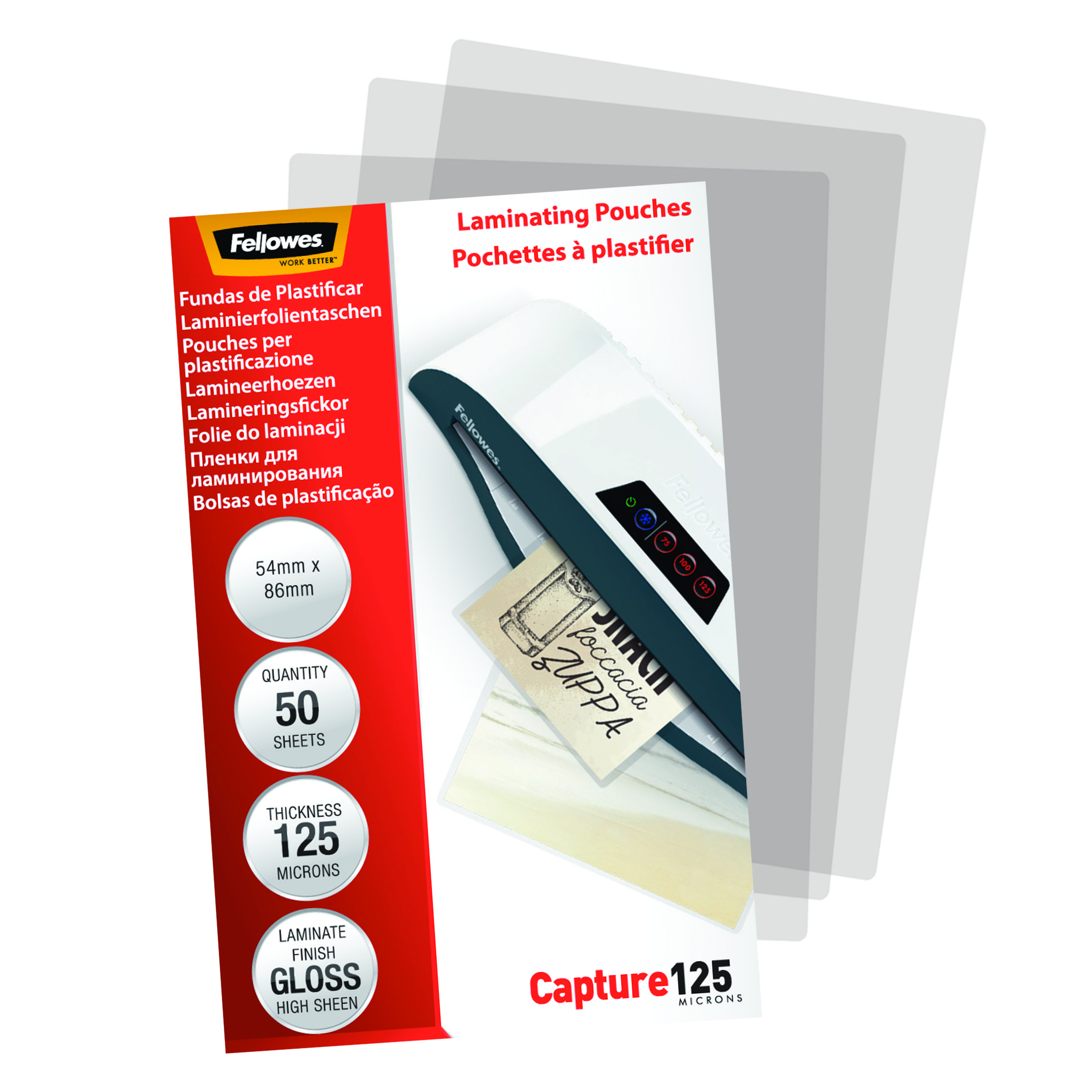 Verpackung für Laminierfolien mit Text und Laminierfolien. Weißer Hintergrund, Produktpräsentation.