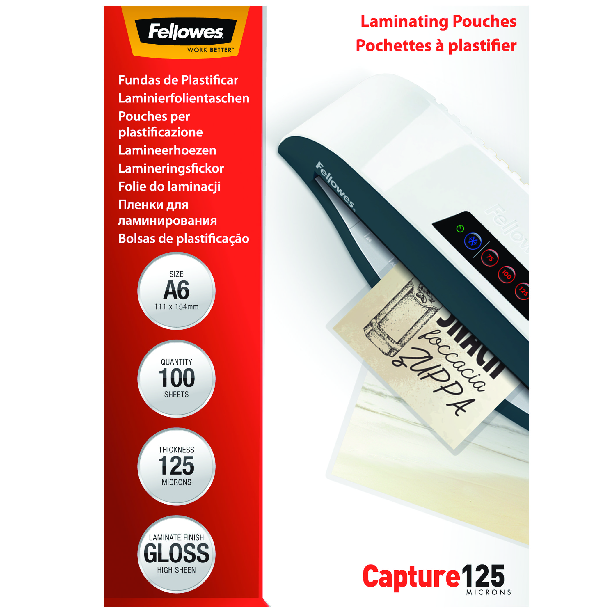 Laminierfolien und Laminiergerät. A6-Größe, 125 Mikron und Glanzfinish. Der Text lautet Capture 125 Mikron.