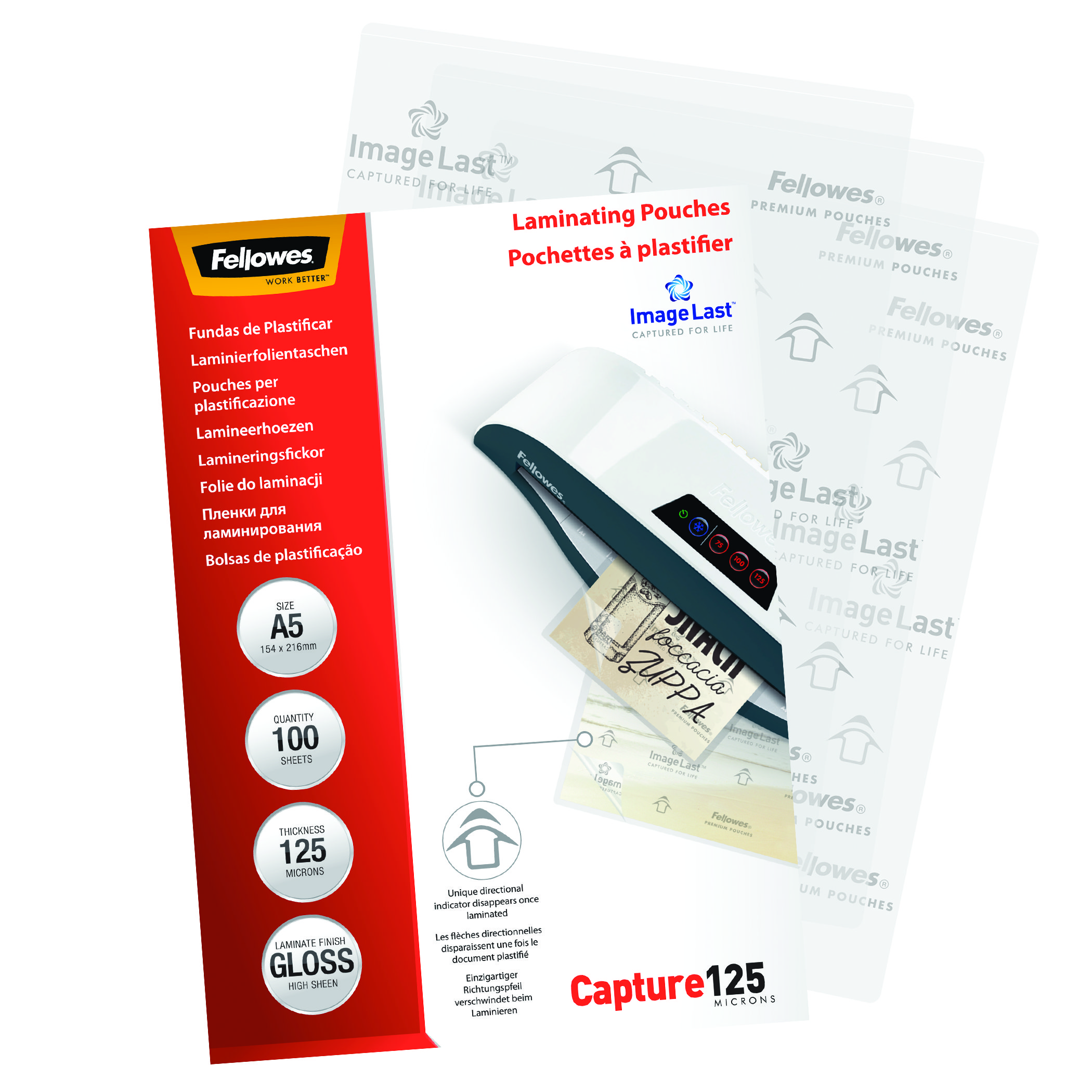 Eine Laminierbeutelbox mit Beuteln und Text.