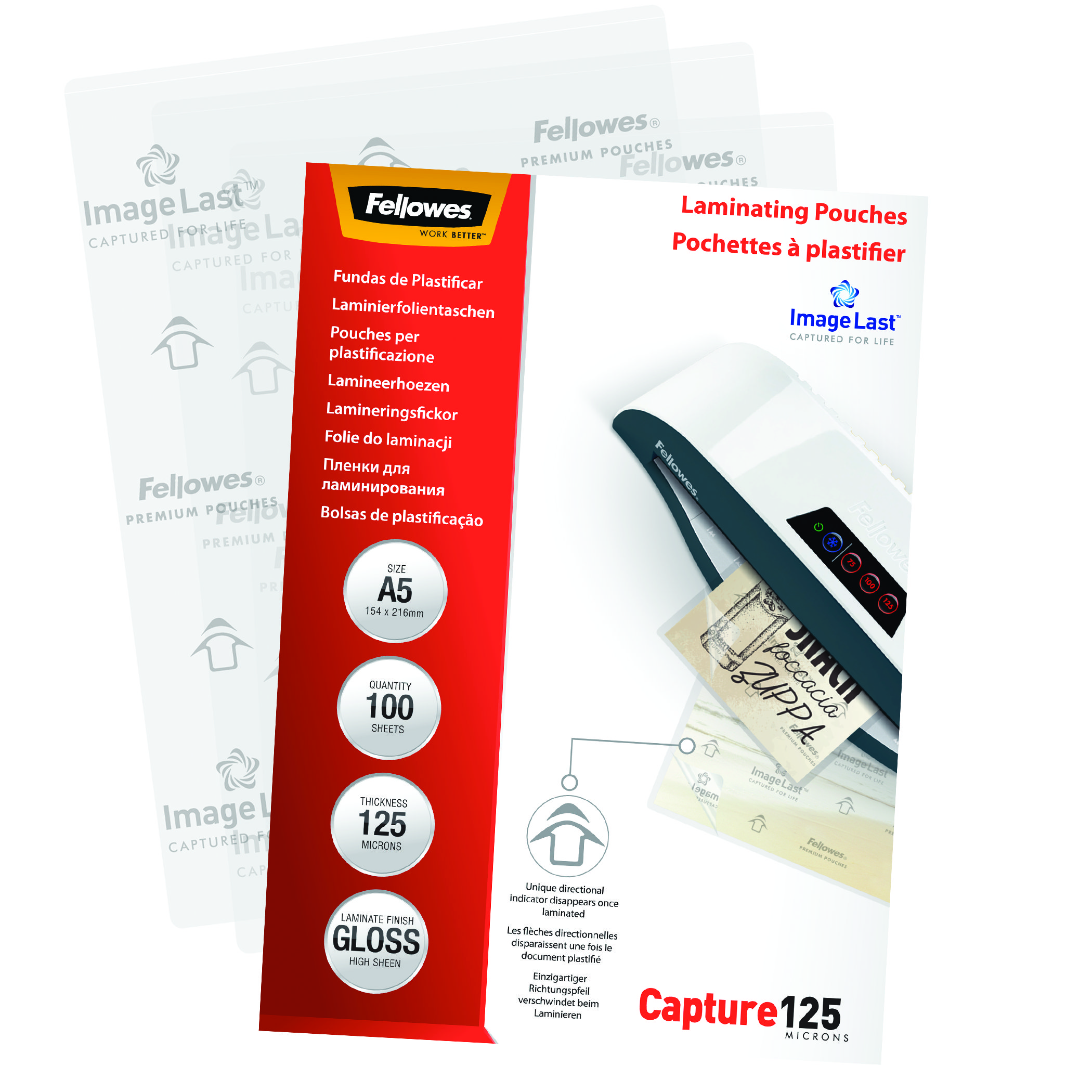 Eine Laminierfolien-Verpackung mit Produktdetails, mehreren transparenten Folien und einem rot-weißen Design.