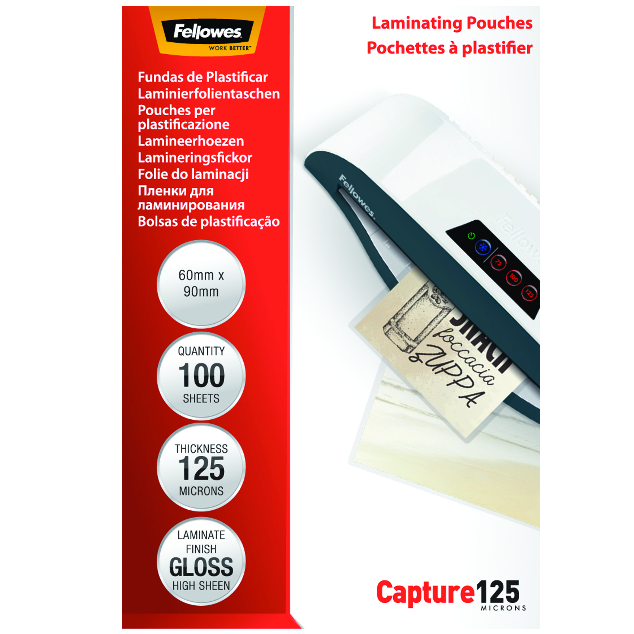 Laminierfolien, Verpackung. Text: 'Laminating Pouches'. Roter und weißer Hintergrund. Ein Laminiergerät ist sichtbar.