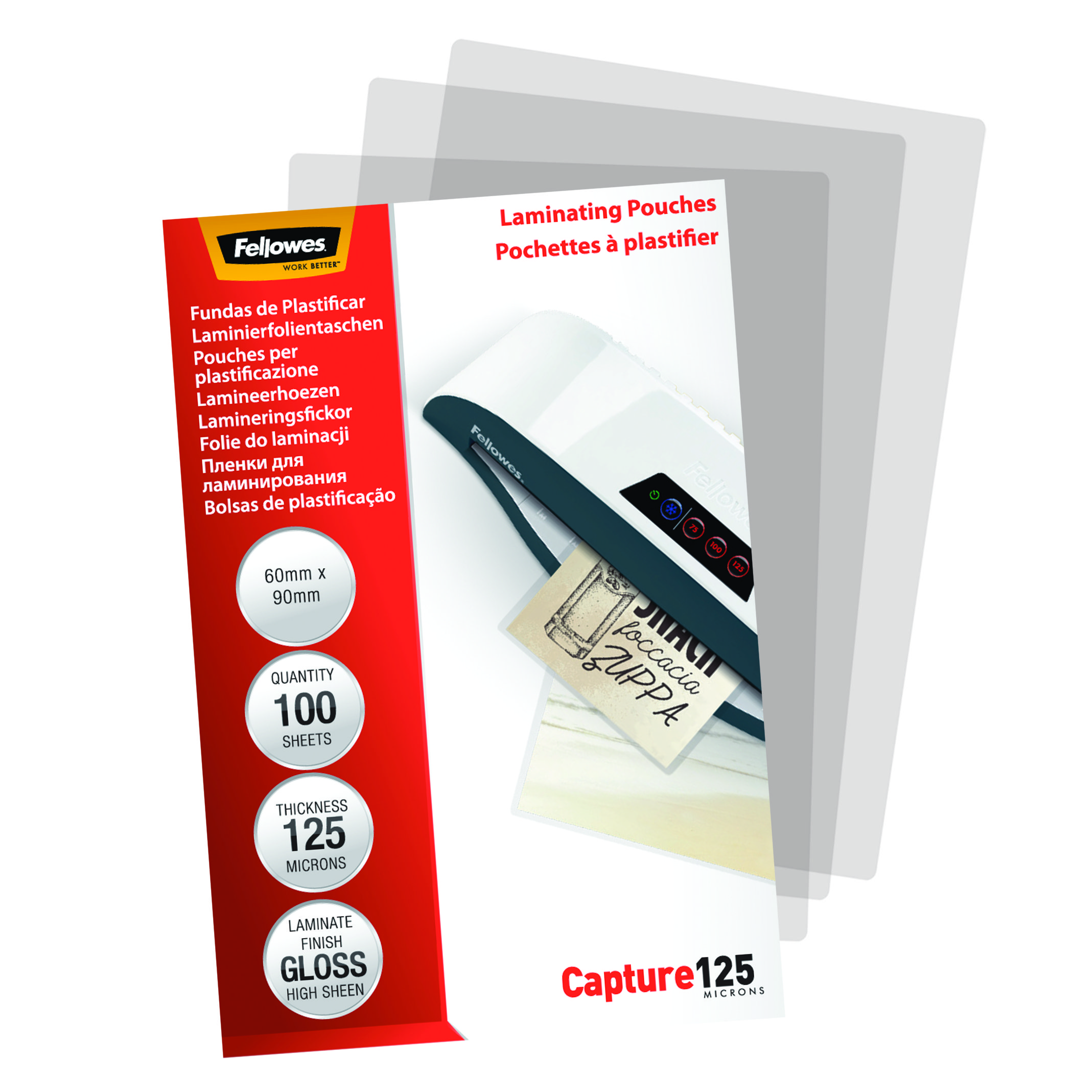 Rote und weiße Fellowes Laminierfolien, Capture 125 und ein Laminiergerät. Text in mehreren Sprachen.