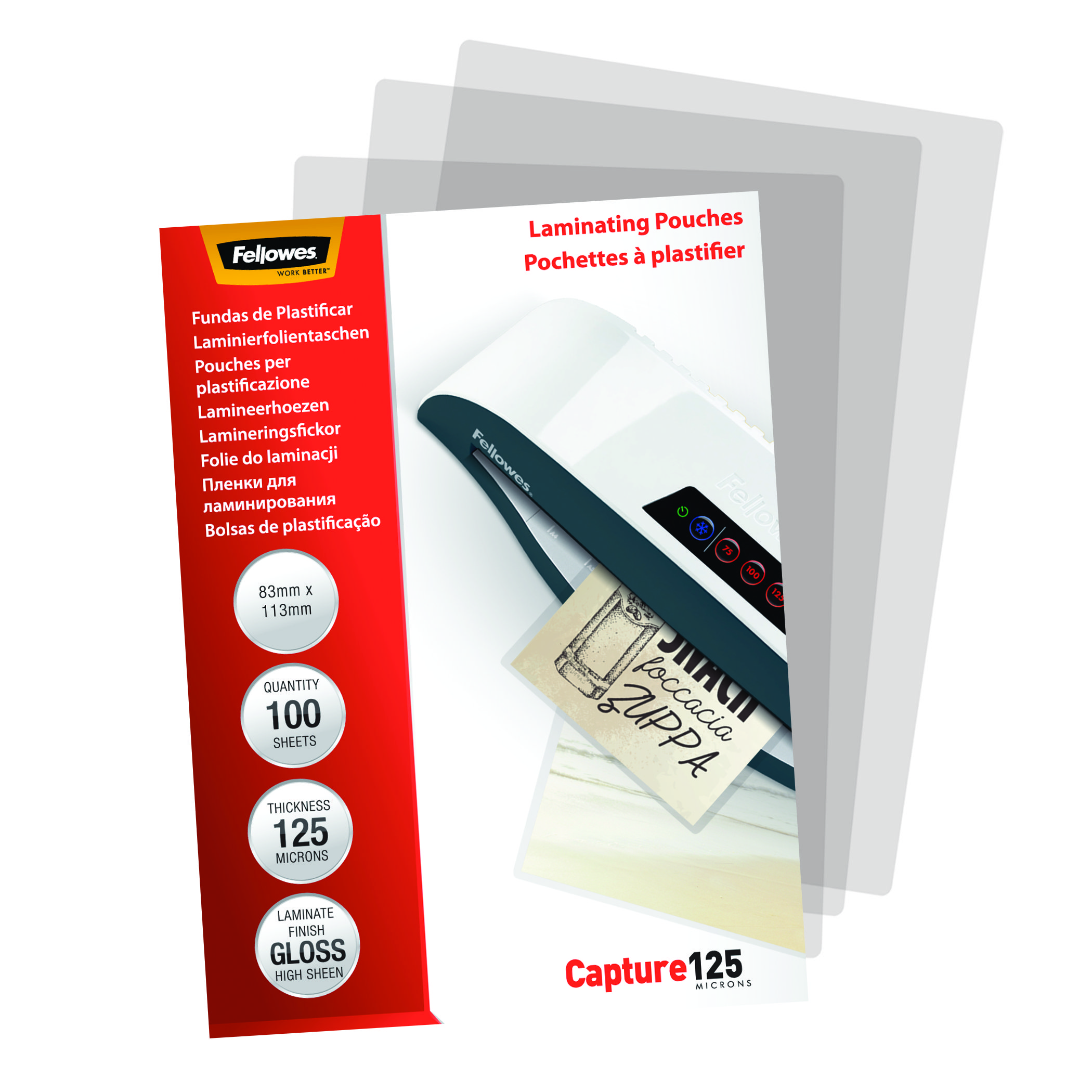 Paket Laminierfolien mit roter Schachtel, Produktinformationen und transparente Folien.