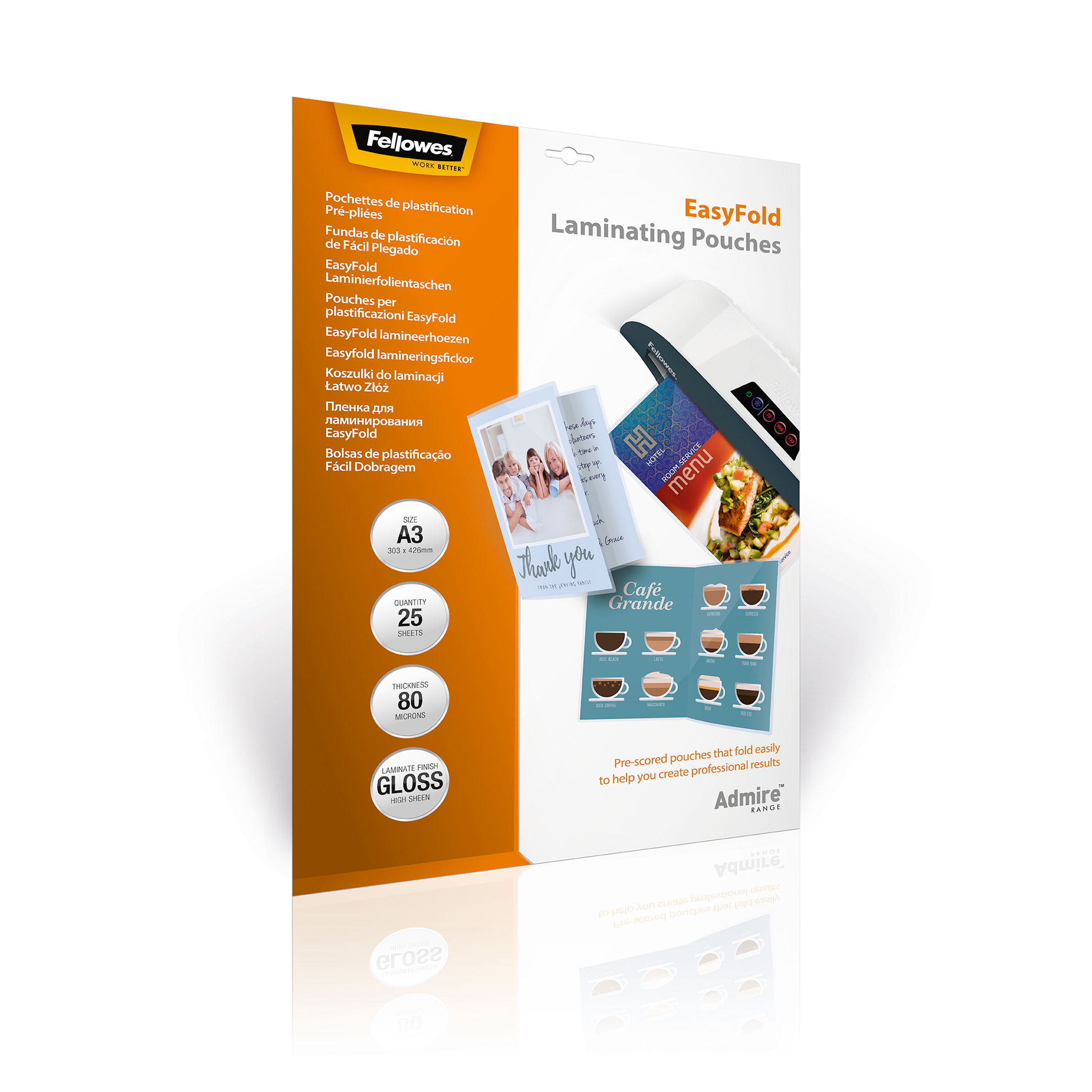 Eine Packung Laminierfolien. Die Vorderseite hat Text und ein Foto. Orange und weiß.