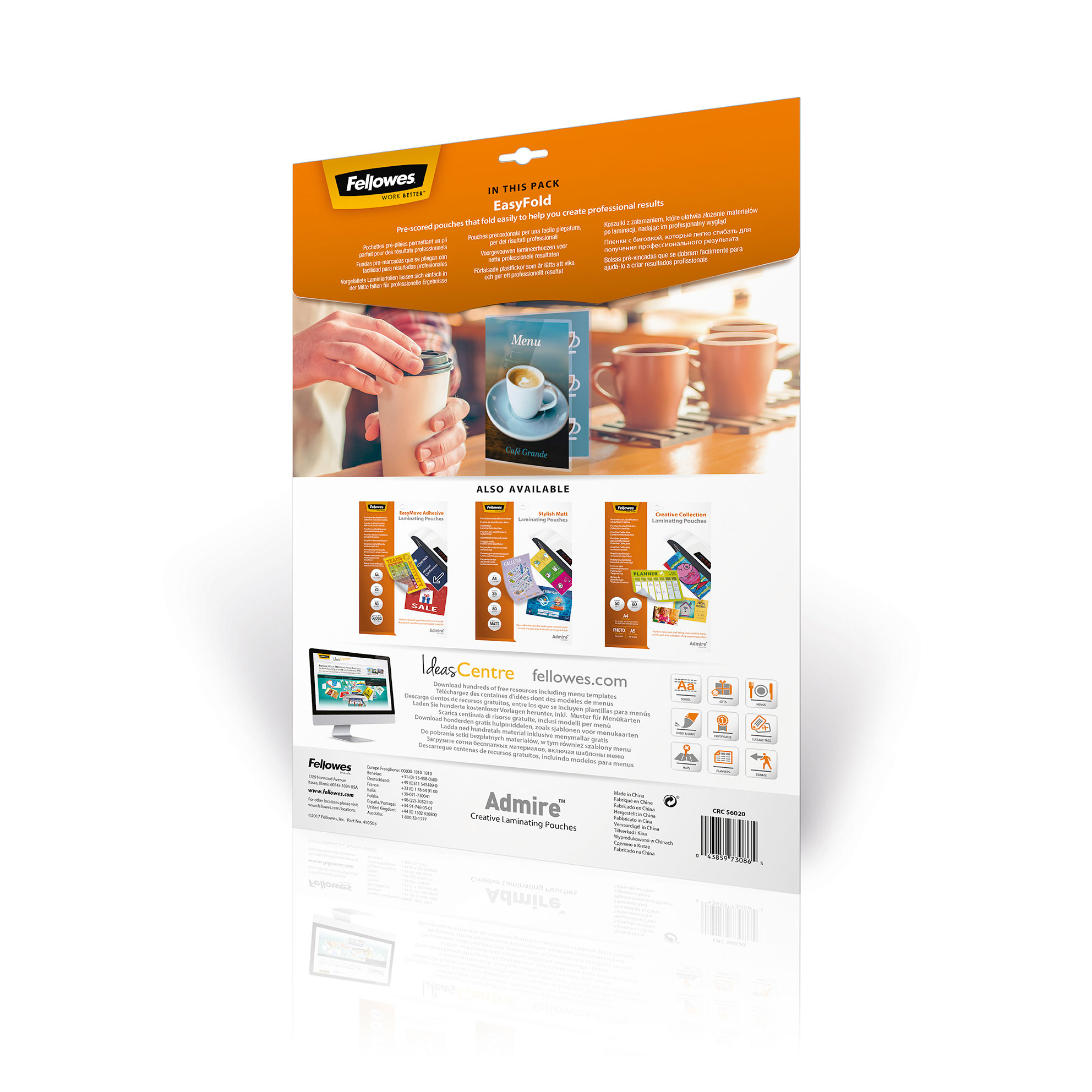 Produktverpackung mit mehreren Bildern und Text. Zeigt eine Person, die eine Tasse hält.