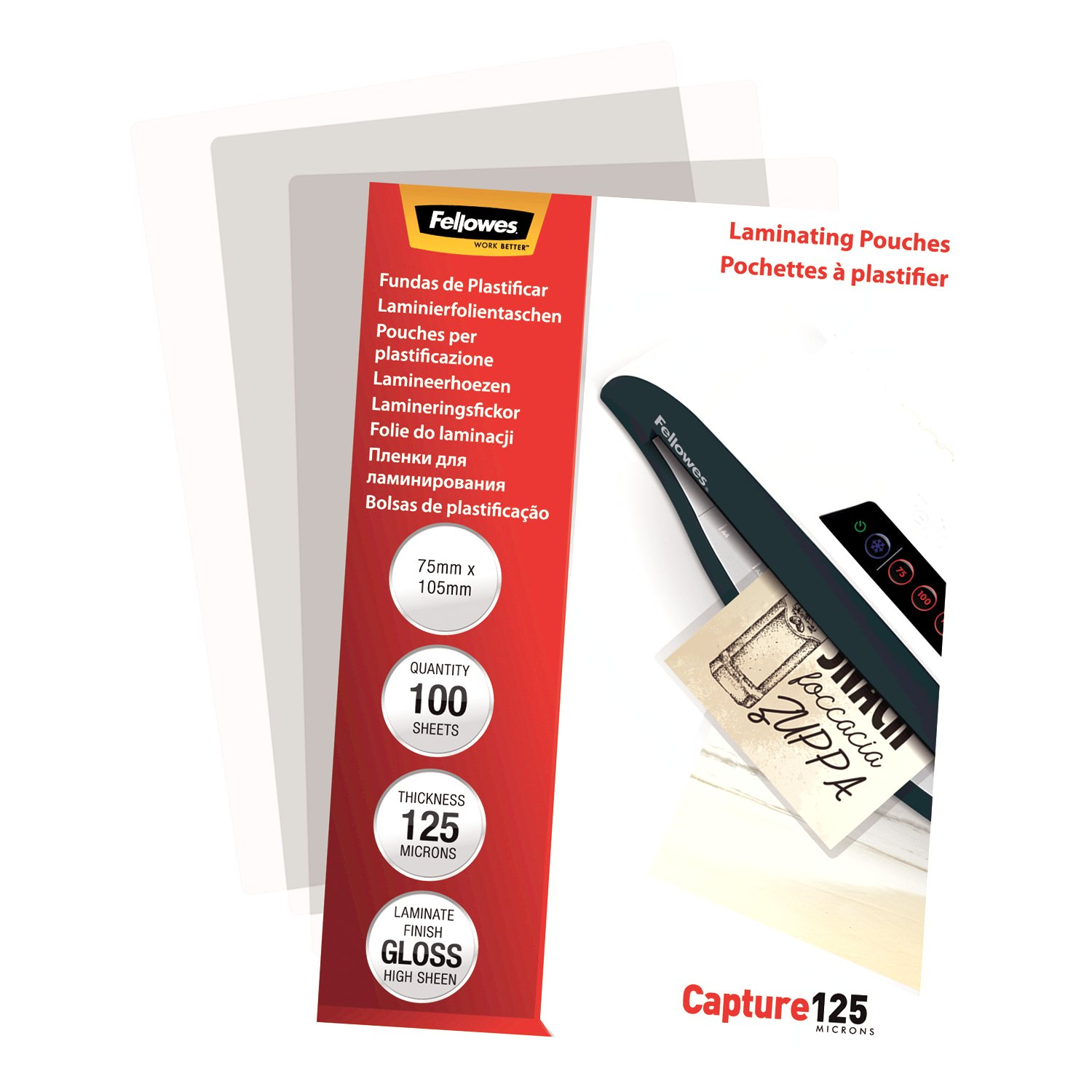 Laminierfolien-Packung mit Text in mehreren Sprachen. Text: 75mm x 105mm, 100 Blatt, Glanz, Hochglanz.