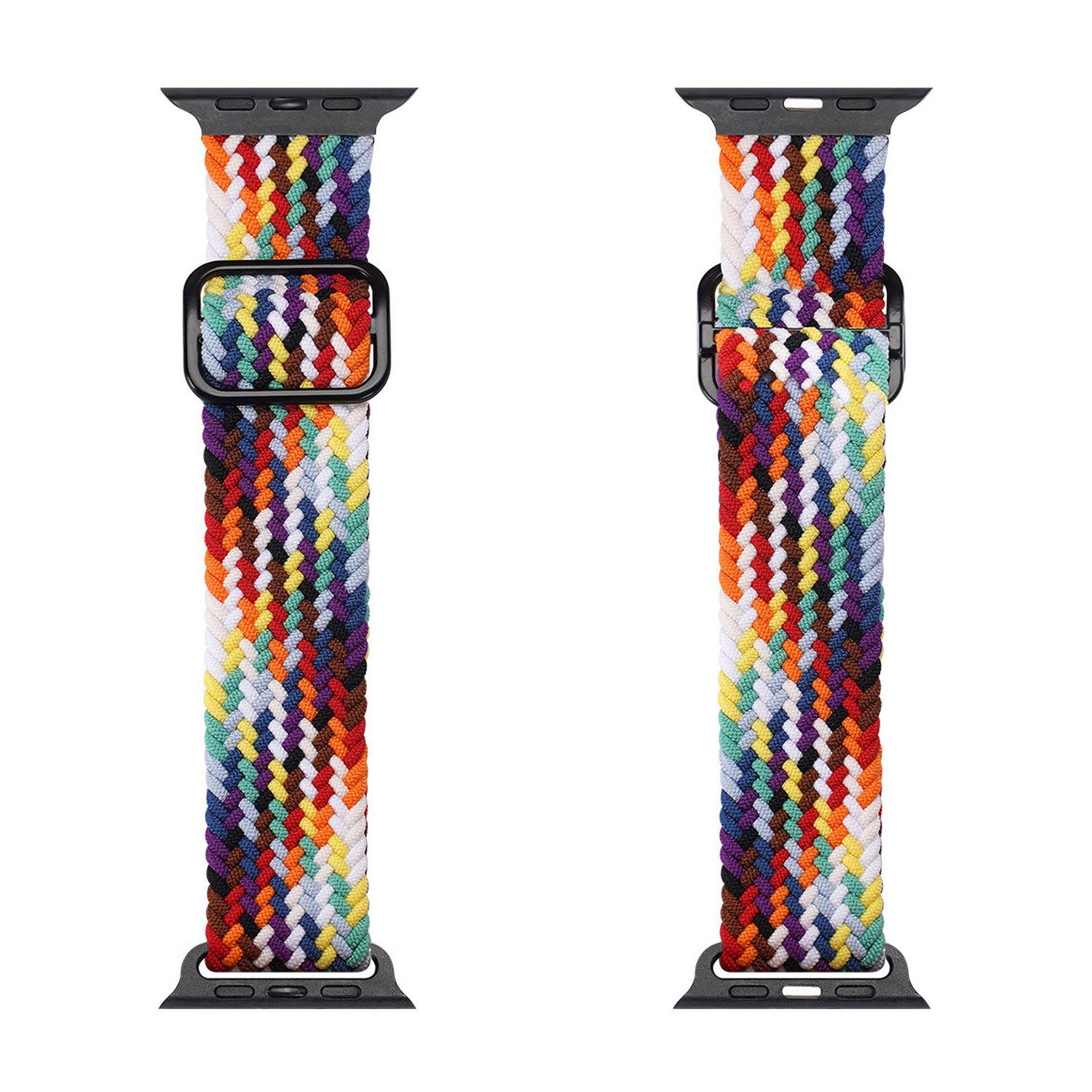 Regenbogenfarbenes Apple Watch-Armband. Schwarze Schnalle, mehrfarbiges geflochtenes Design, auf weißem Hintergrund.