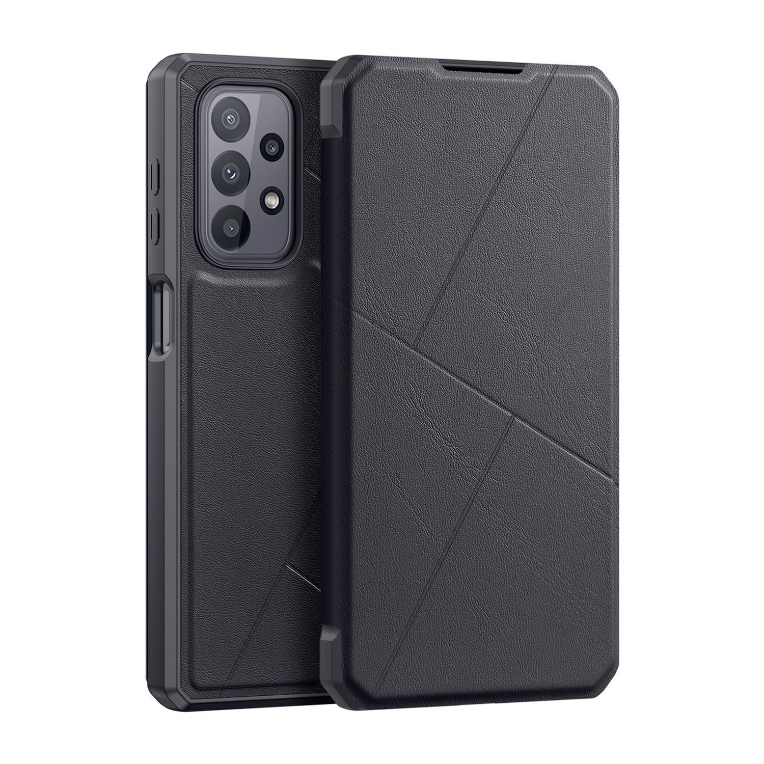 Schwarze Handyhülle, offen, mit Telefon darin. Die Hülle hat ein geometrisches Design.