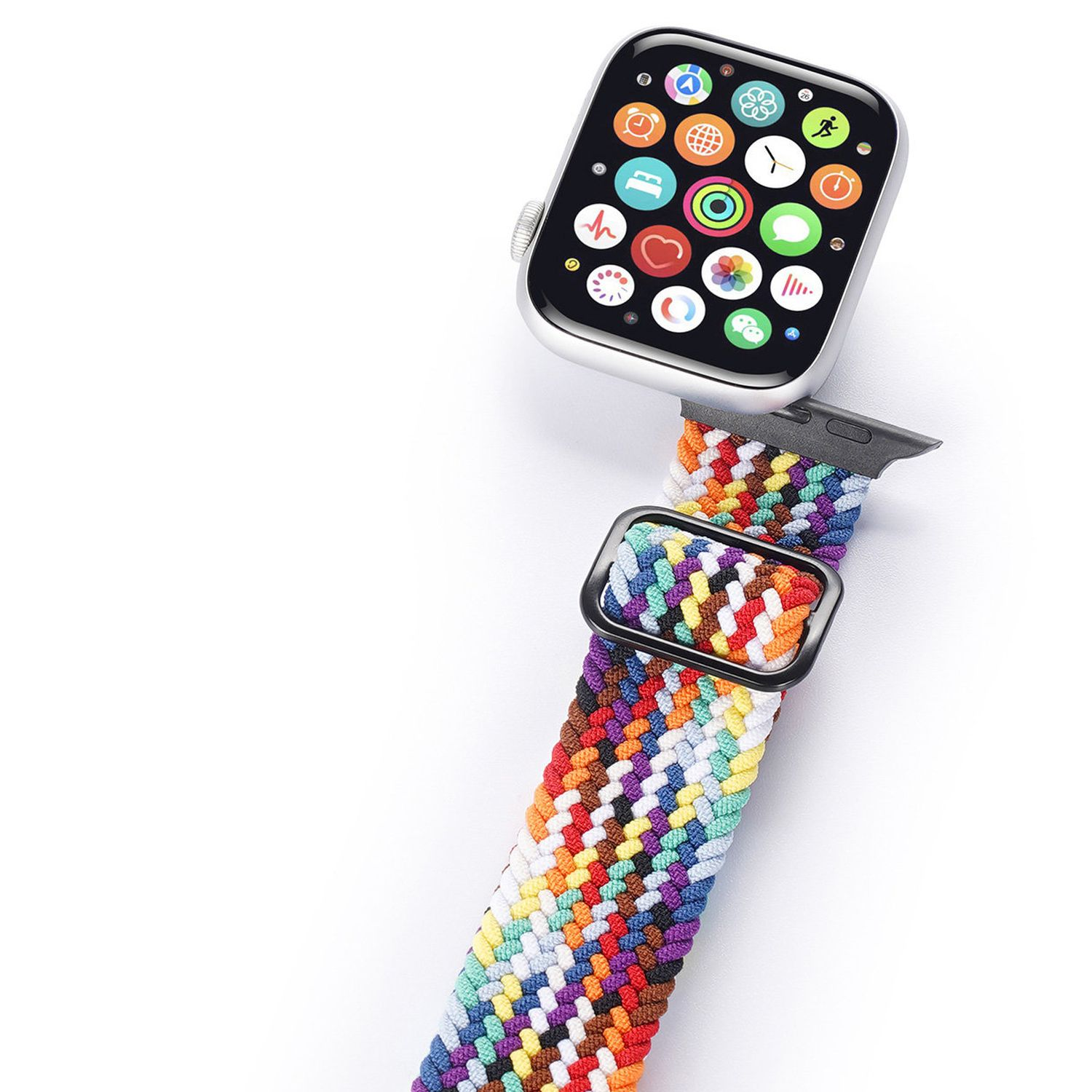 Ein farbenfrohes Uhrenarmband und eine Smartwatch. Das Armband ist mehrfarbig und die Uhr ist silberfarben.