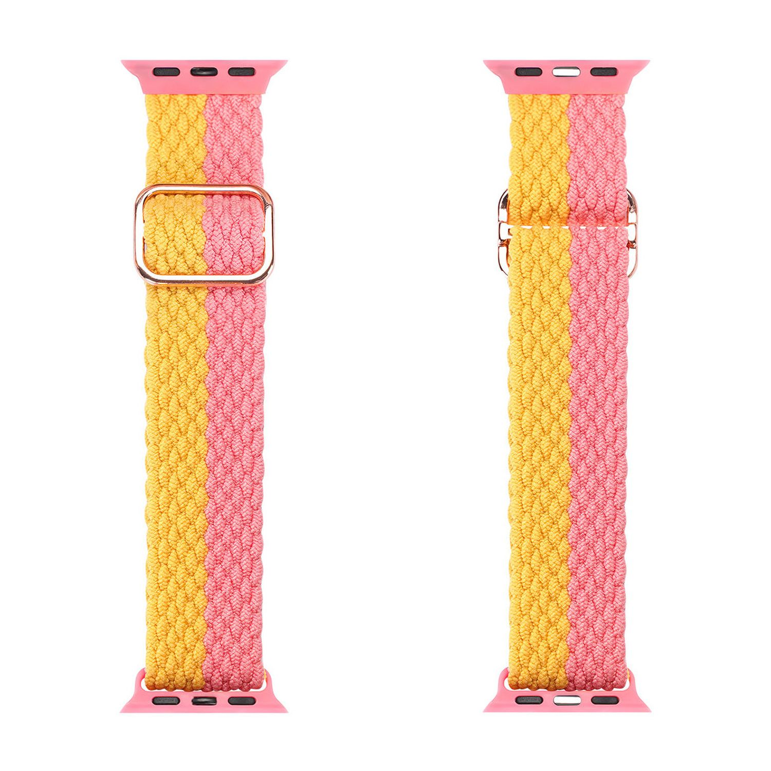 Zwei Armbänder, rosa und gelb, gewebtes Muster, mit Metallschnalle, rosa Anschlüssen, weißer Hintergrund.