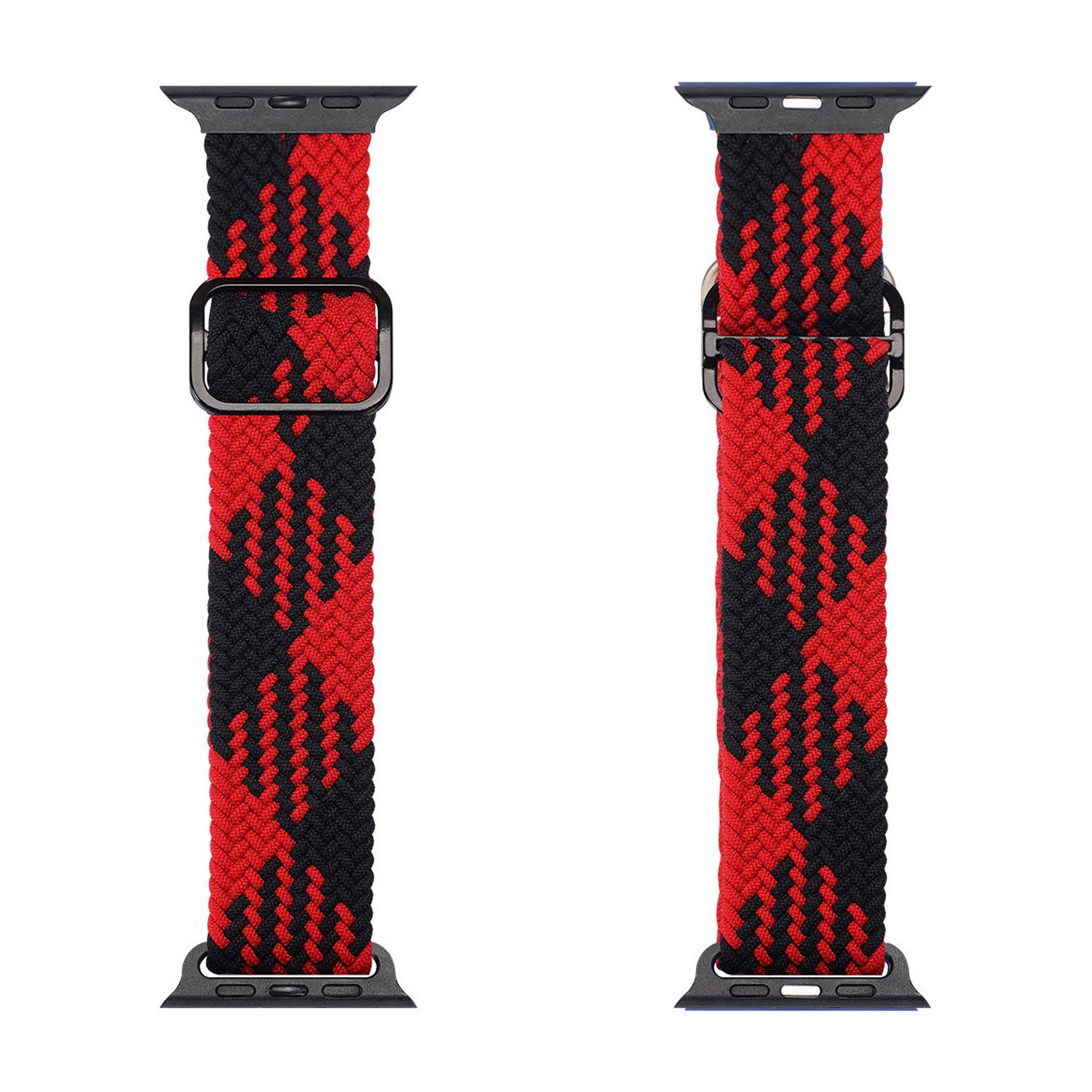 Zwei geflochtene Uhrenarmbänder. Eines rot und schwarz, das andere umgekehrt. Schwarze Schnallen, rot-schwarz-Muster.