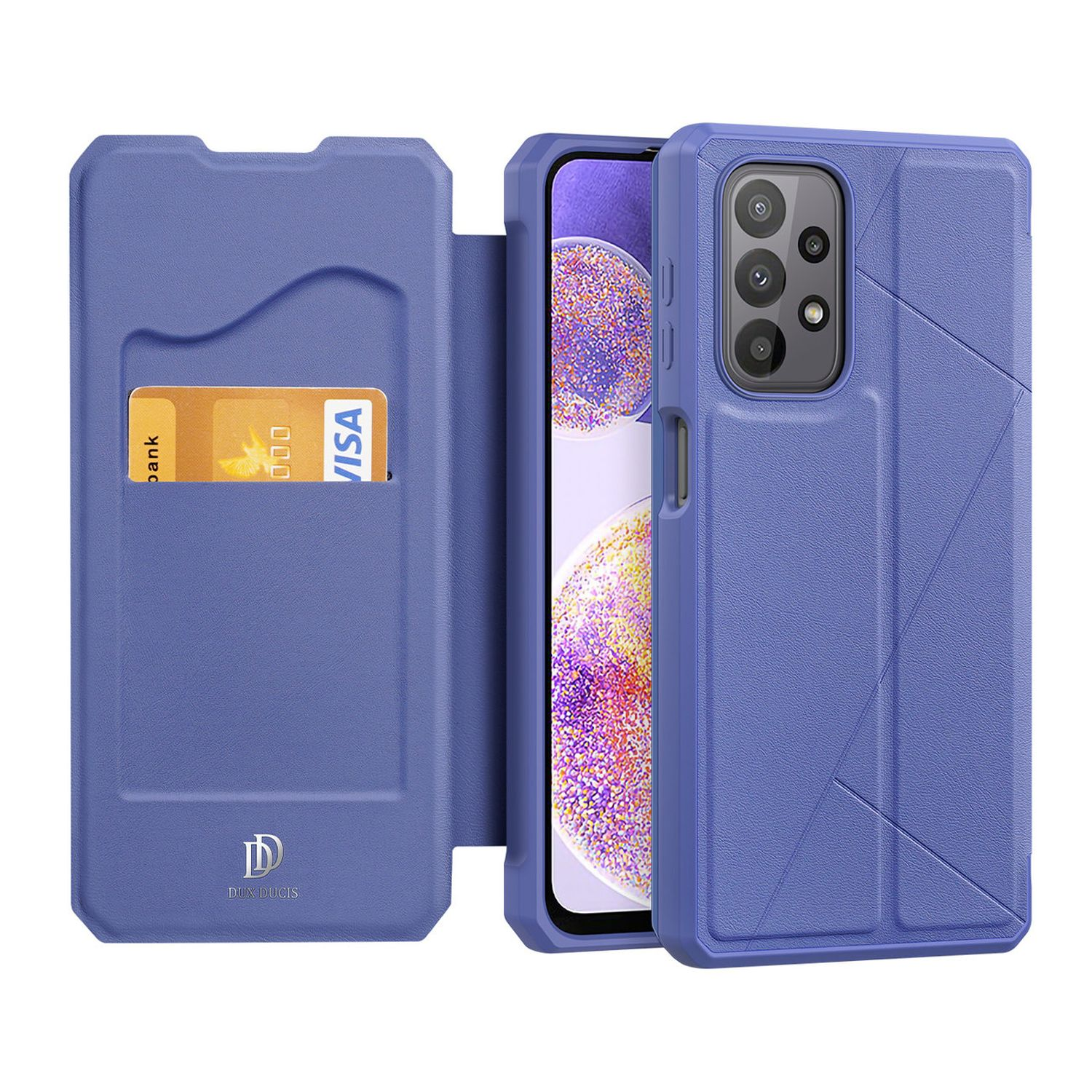 Geöffnete blaue Handyhülle mit einem Telefon darin. Im Portemonnaie befindet sich eine Karte. Weißer Hintergrund.