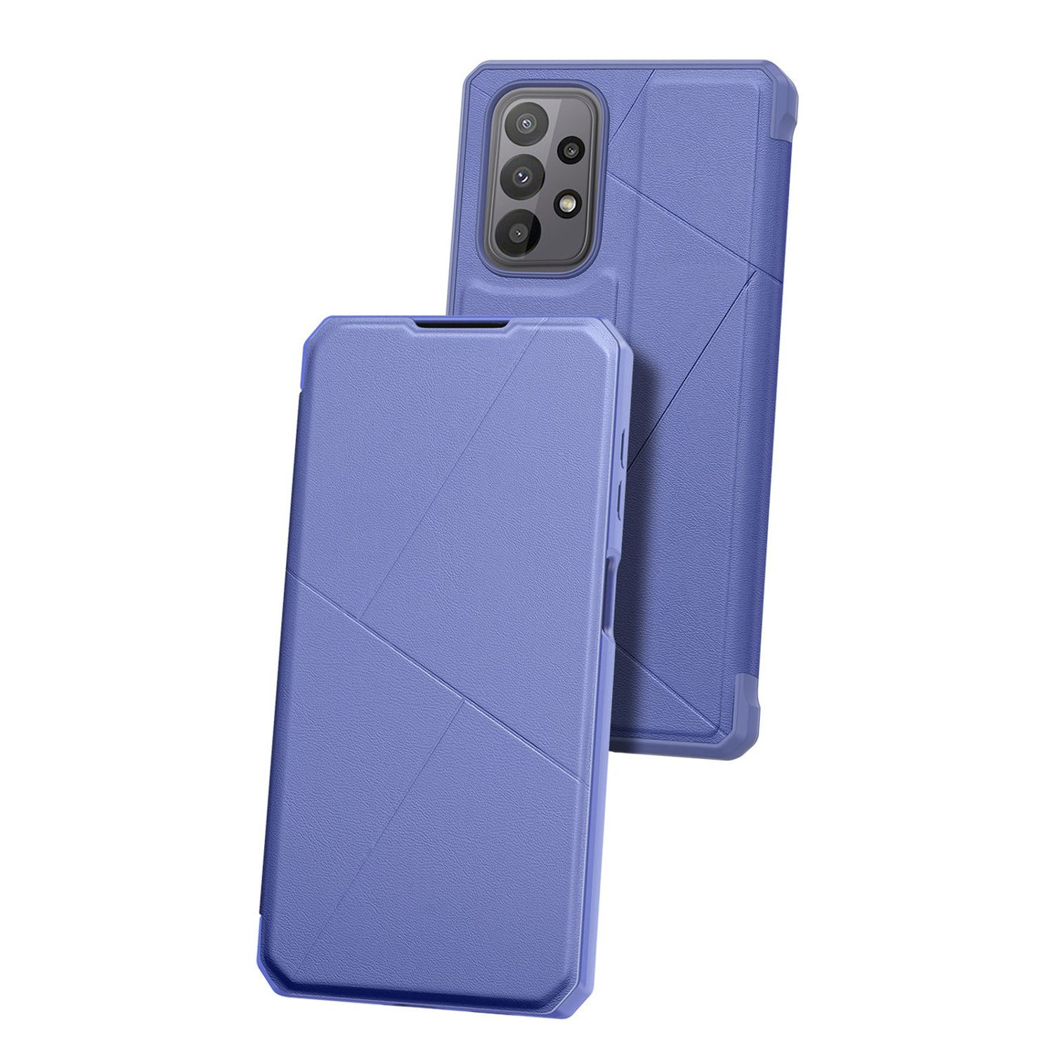 Eine blaue Handyhülle mit einem Telefon darin. Sie ist abgewinkelt, und eine zweite Hülle befindet sich dahinter.