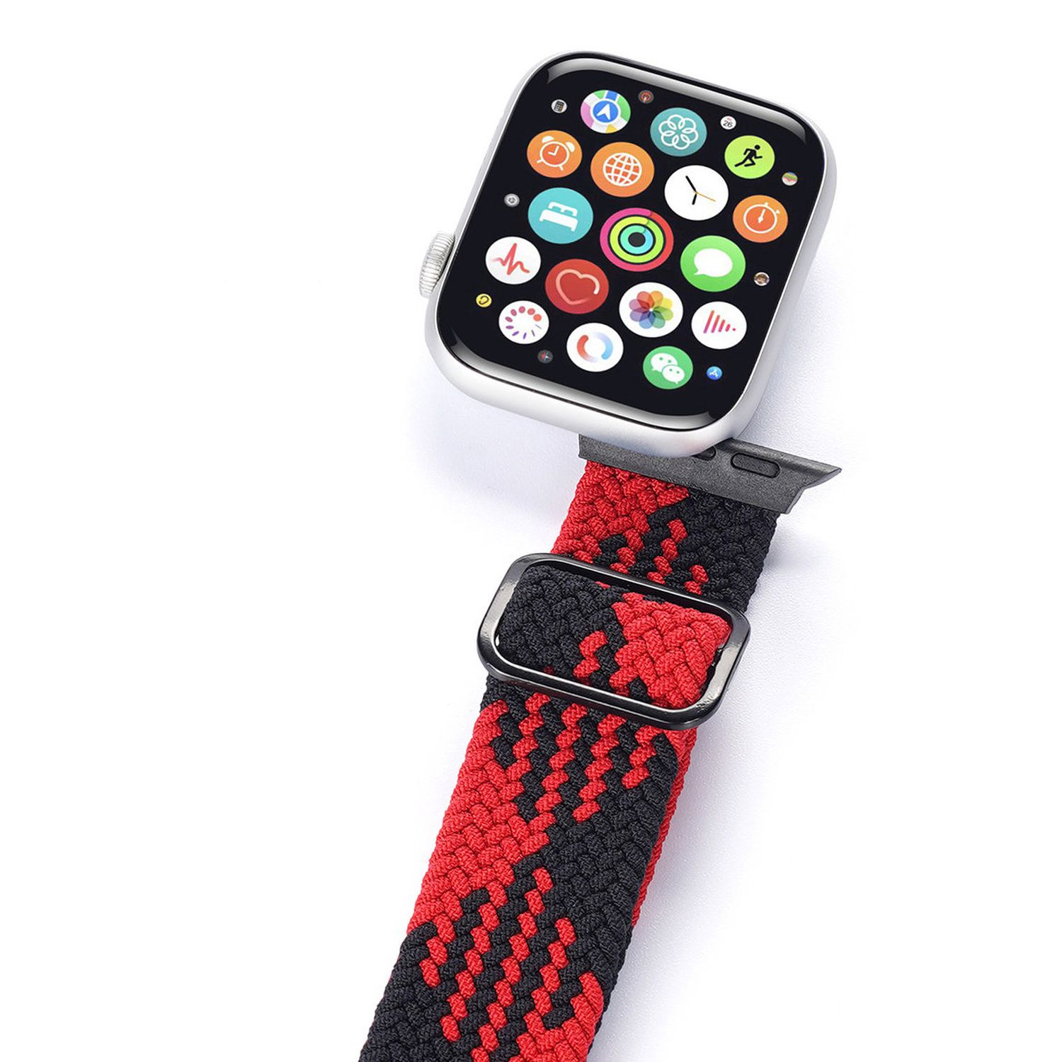 Silberne Smartwatch an rot-schwarzem geflochtenem Armband.