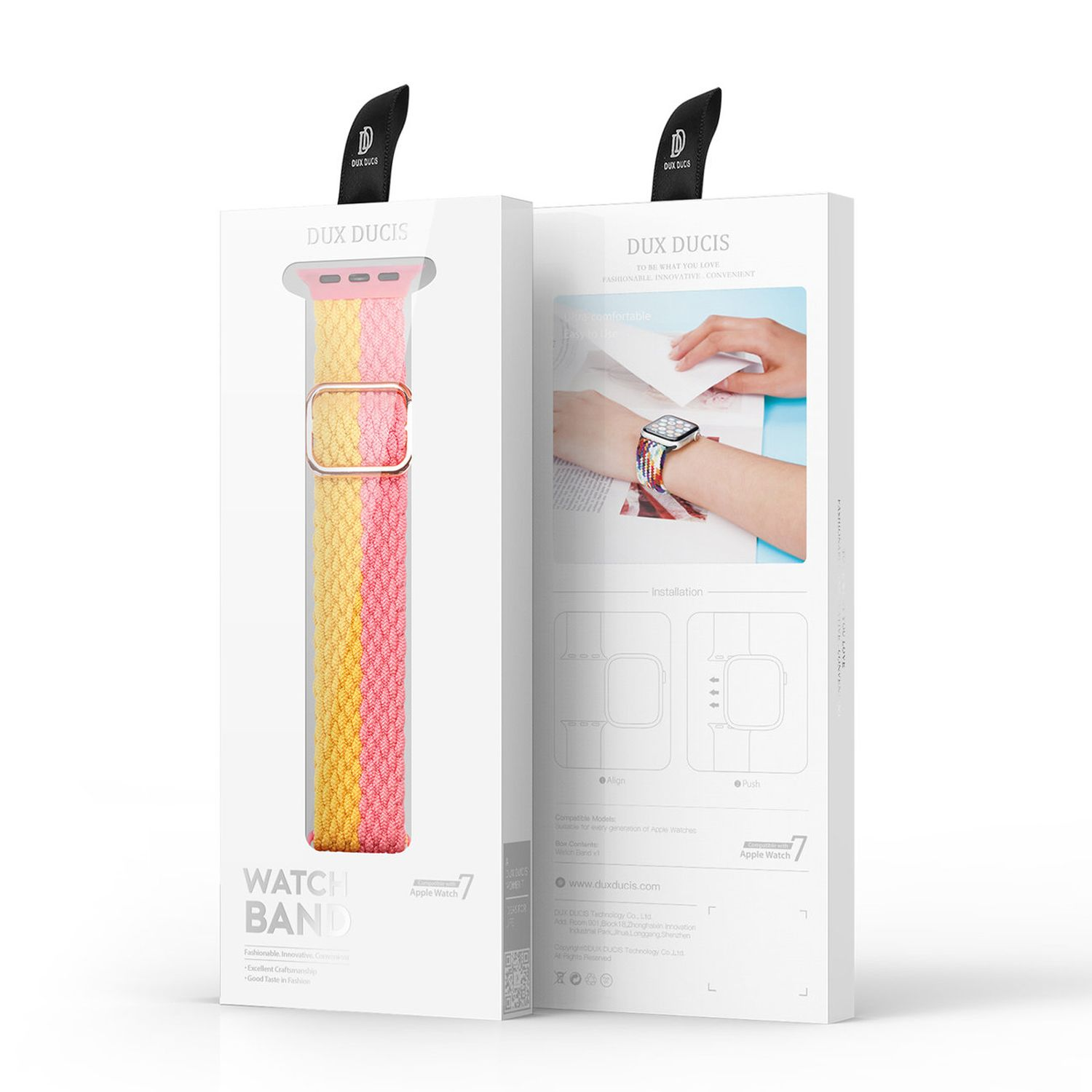 Verpackung des Apple Watch-Armbands. Das Band ist rosa, gelb und orange. Die Verpackung enthält ein Armband mit Anweisungen.