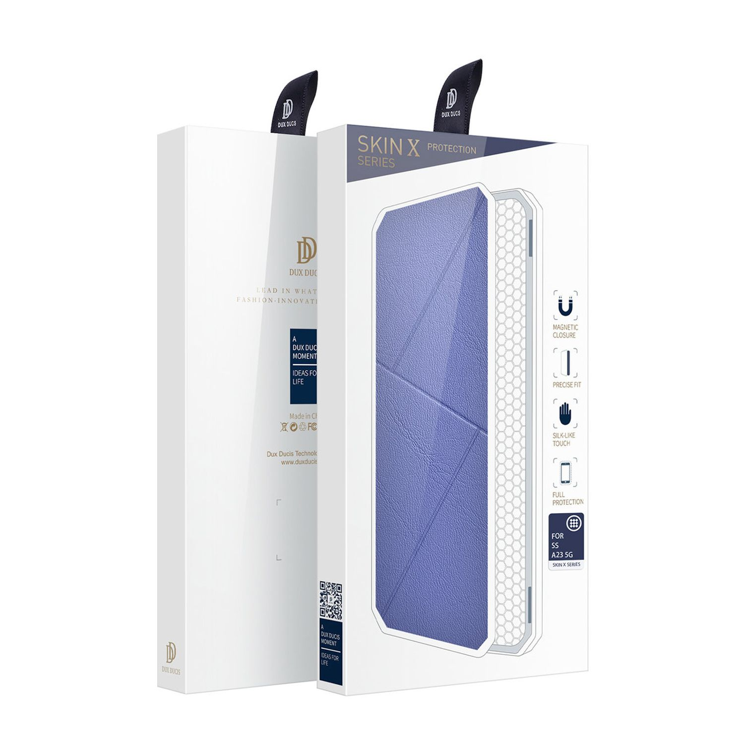 Zwei Handyhüllen-Boxen, weiß mit blauem Hüllenbild. Text lautet 'SKIN X SERIES'.