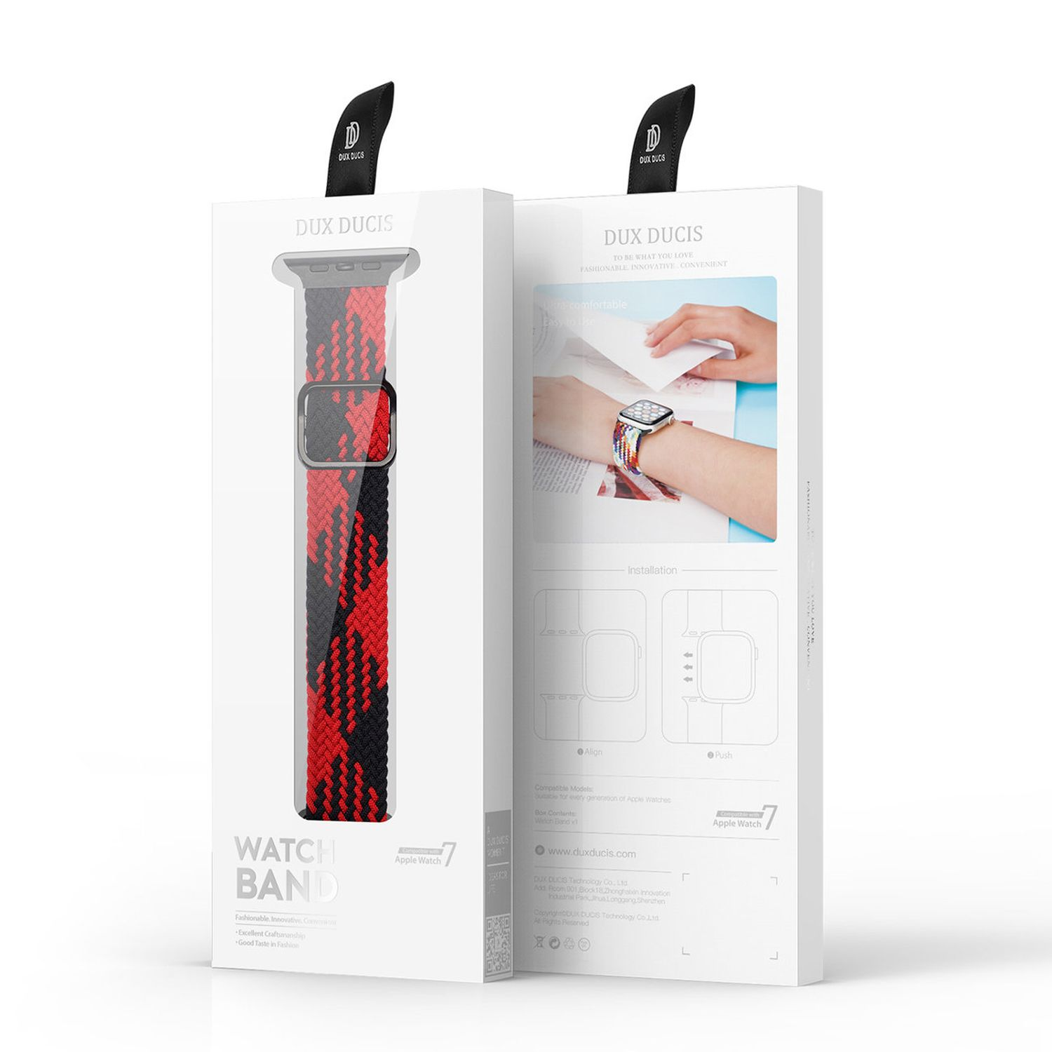 Eine Uhrenarmbandbox mit einem rot-schwarz gewebten Uhrenarmband mit Schnalle und einer Uhr auf der anderen Seite.