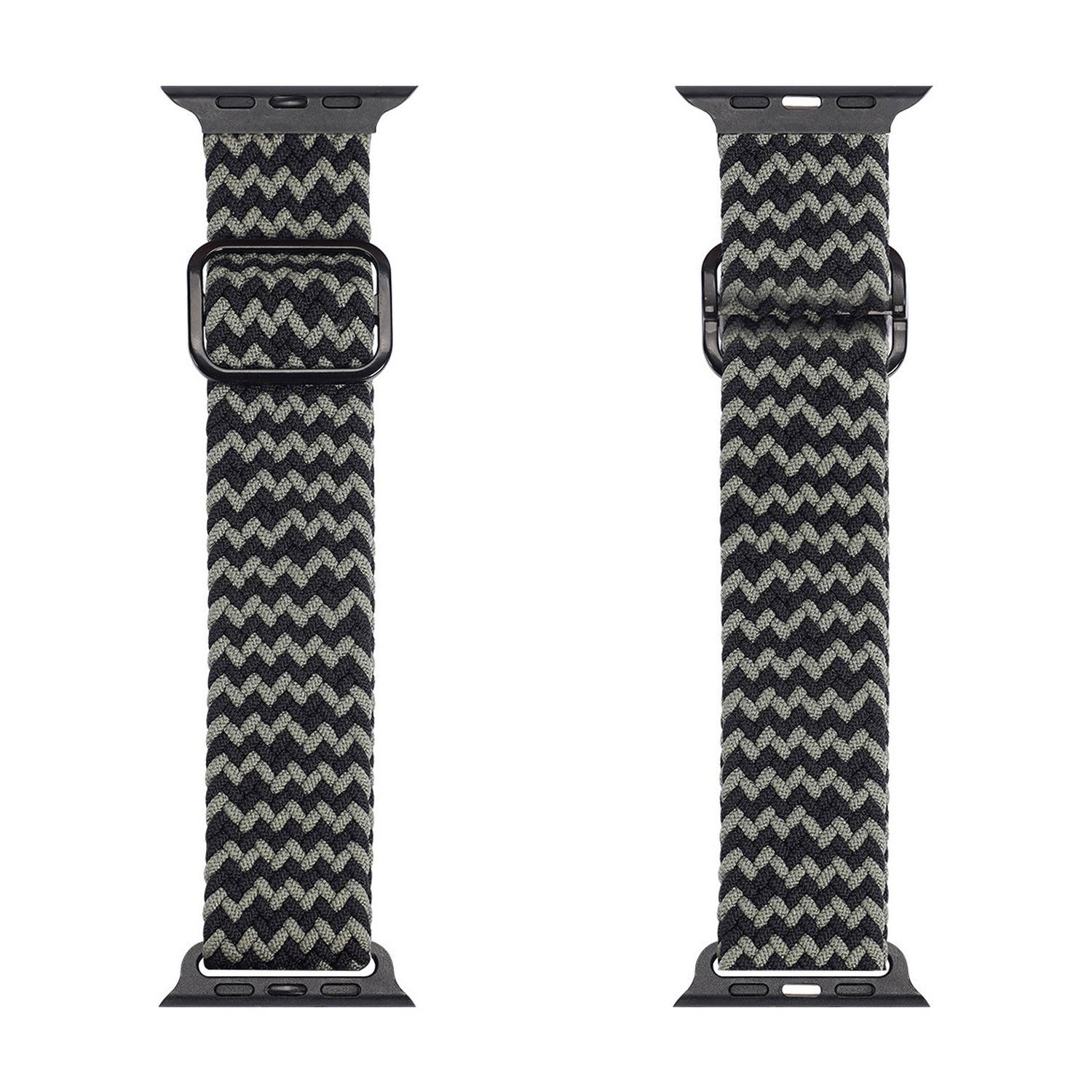 Zwei Uhrenarmbänder mit Zickzackmuster in Schwarz und Grau.