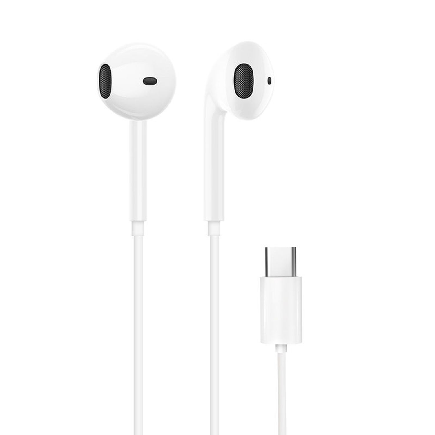 Auricolari bianchi con connettore USB-C. Sfondo bianco.