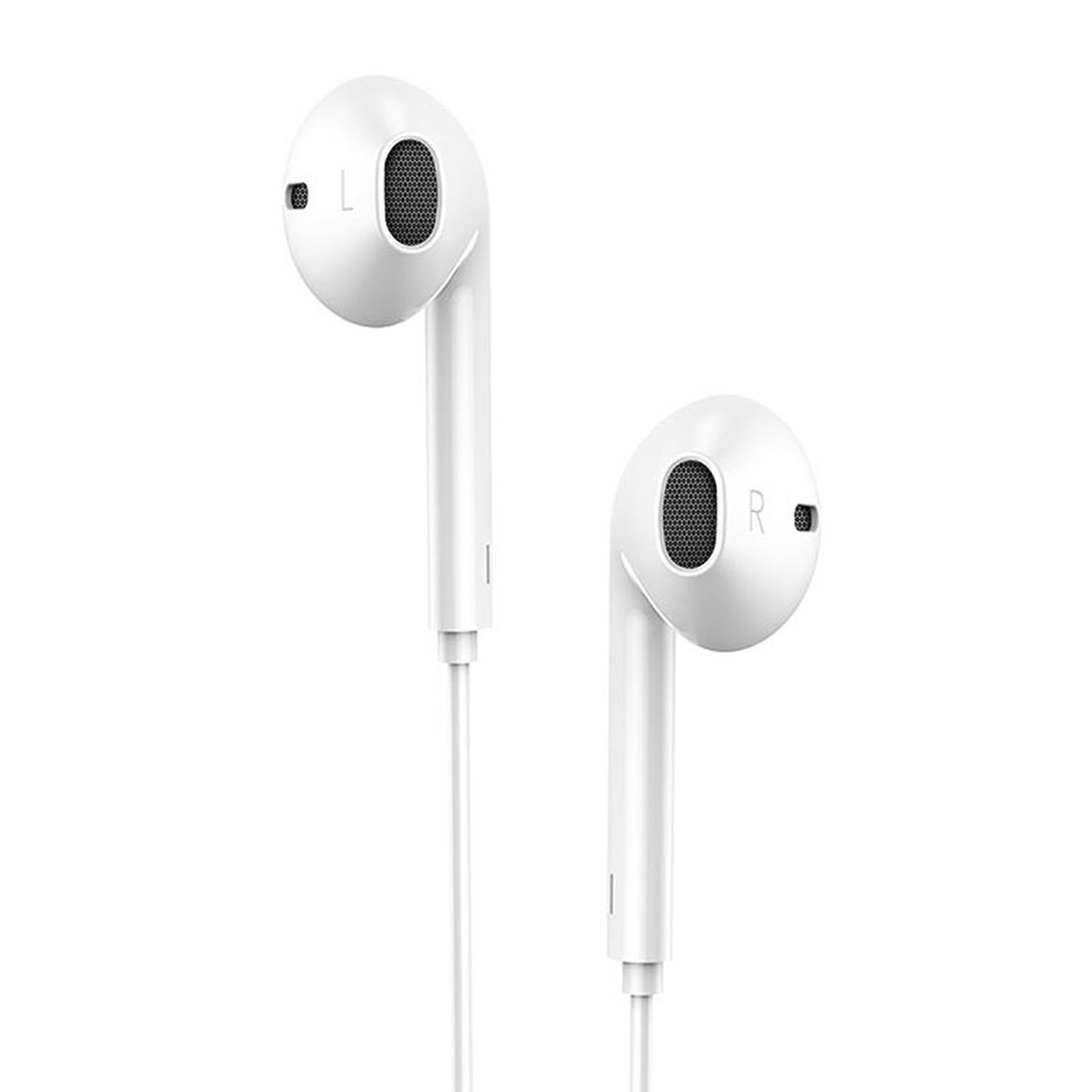 Auricolari bianchi con cavo. L'immagine è su sfondo bianco. Le lettere L e R sono visibili sugli auricolari.