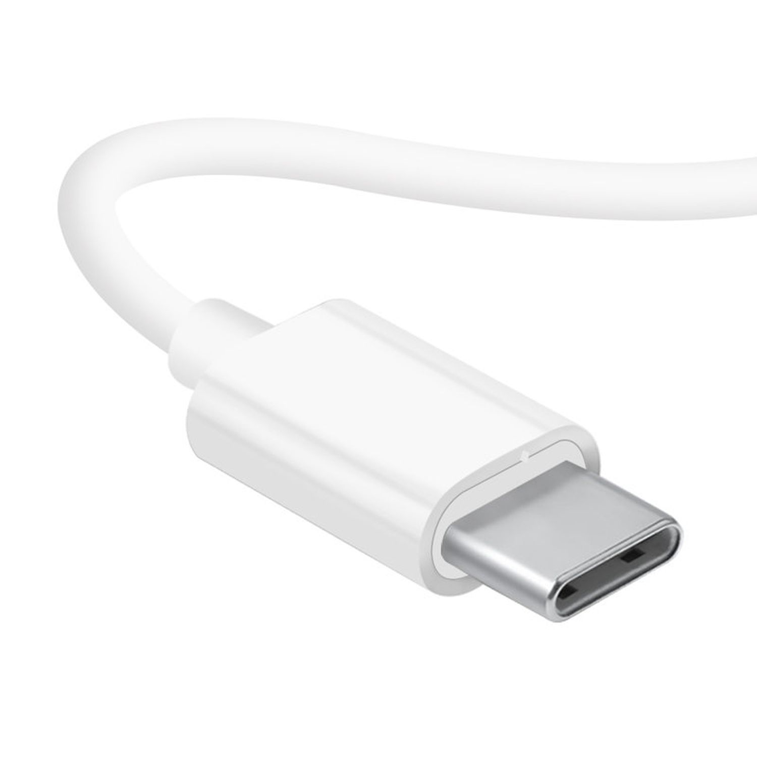 Cavo USB-C bianco con connettore argentato. Lo sfondo è bianco.