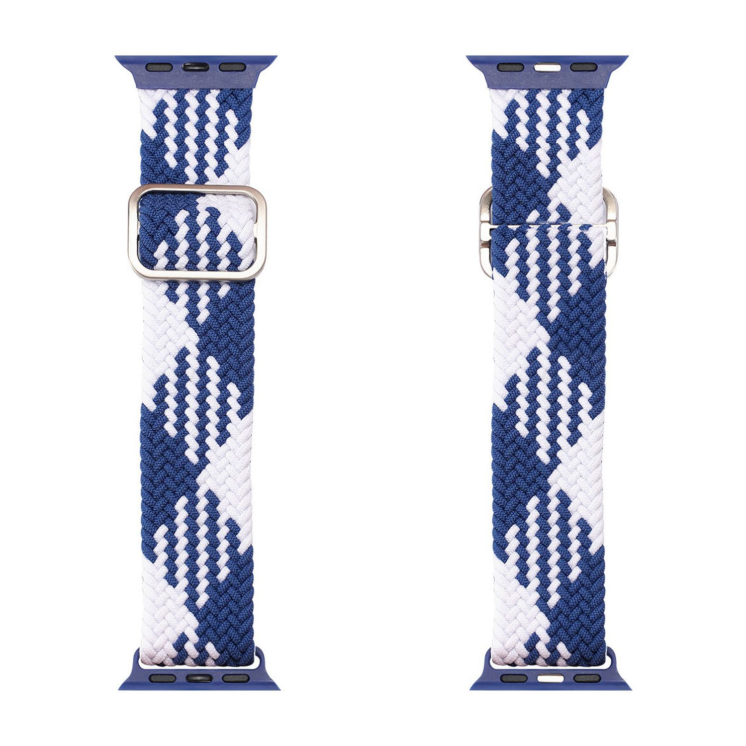 Zwei Uhrenarmbänder. Blaues und weißes Webdesign. Schnalle und Riemen sind sichtbar.