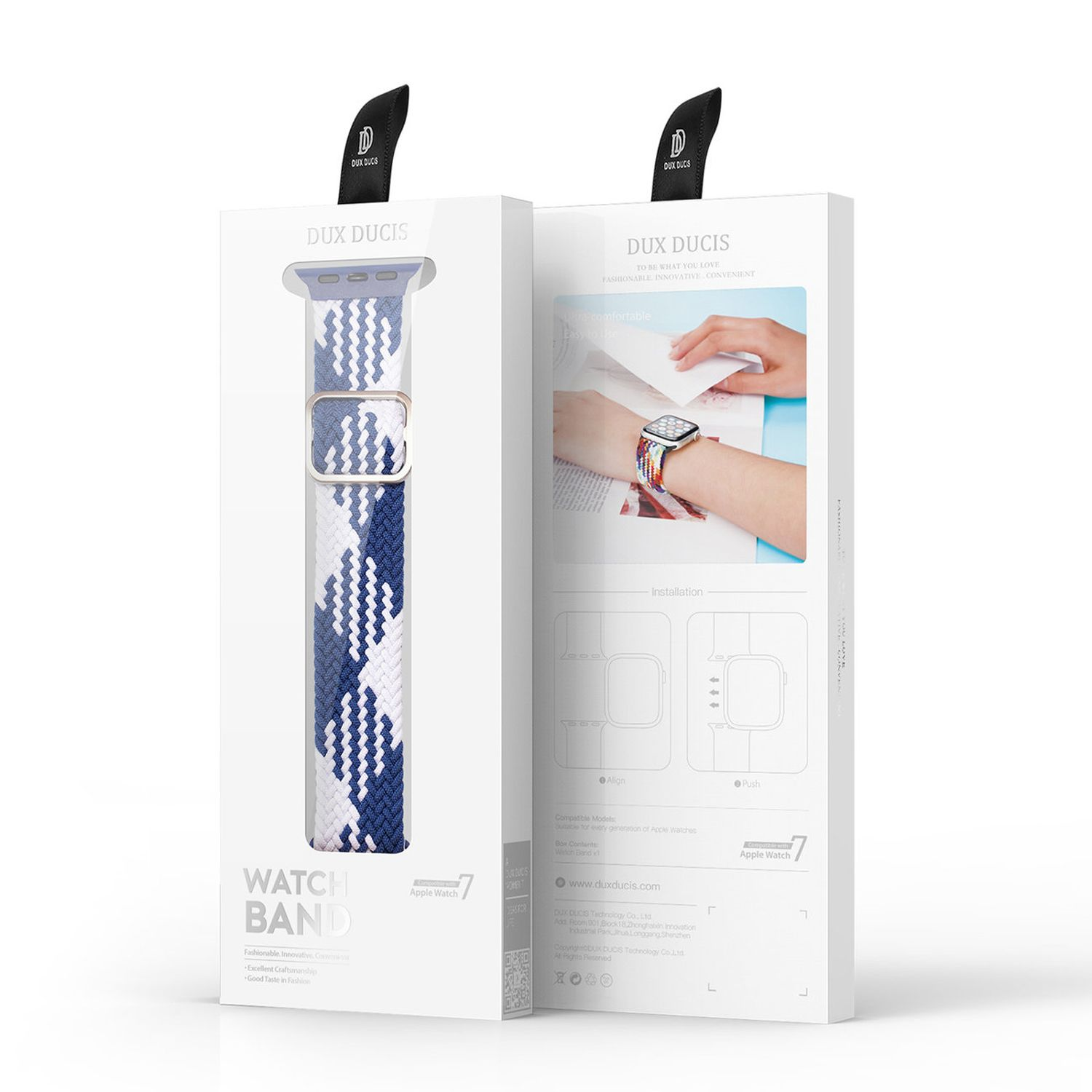 Apple Watch Armband Verpackung, weiß und blau. Das Band ist geflochten.