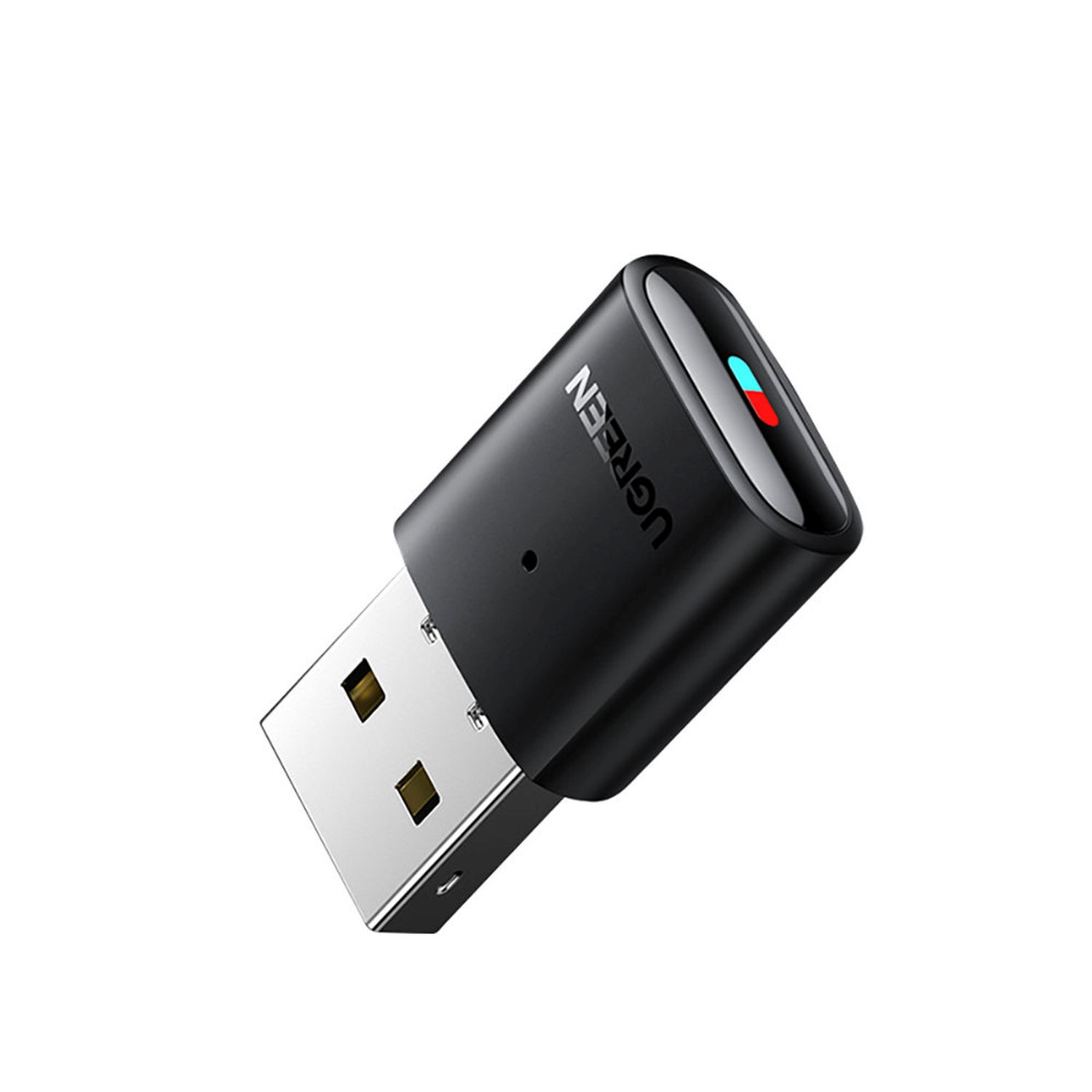 Czarny adapter USB UGREEN. Posiada złącze USB. Niebieskie i czerwone światła na górze.