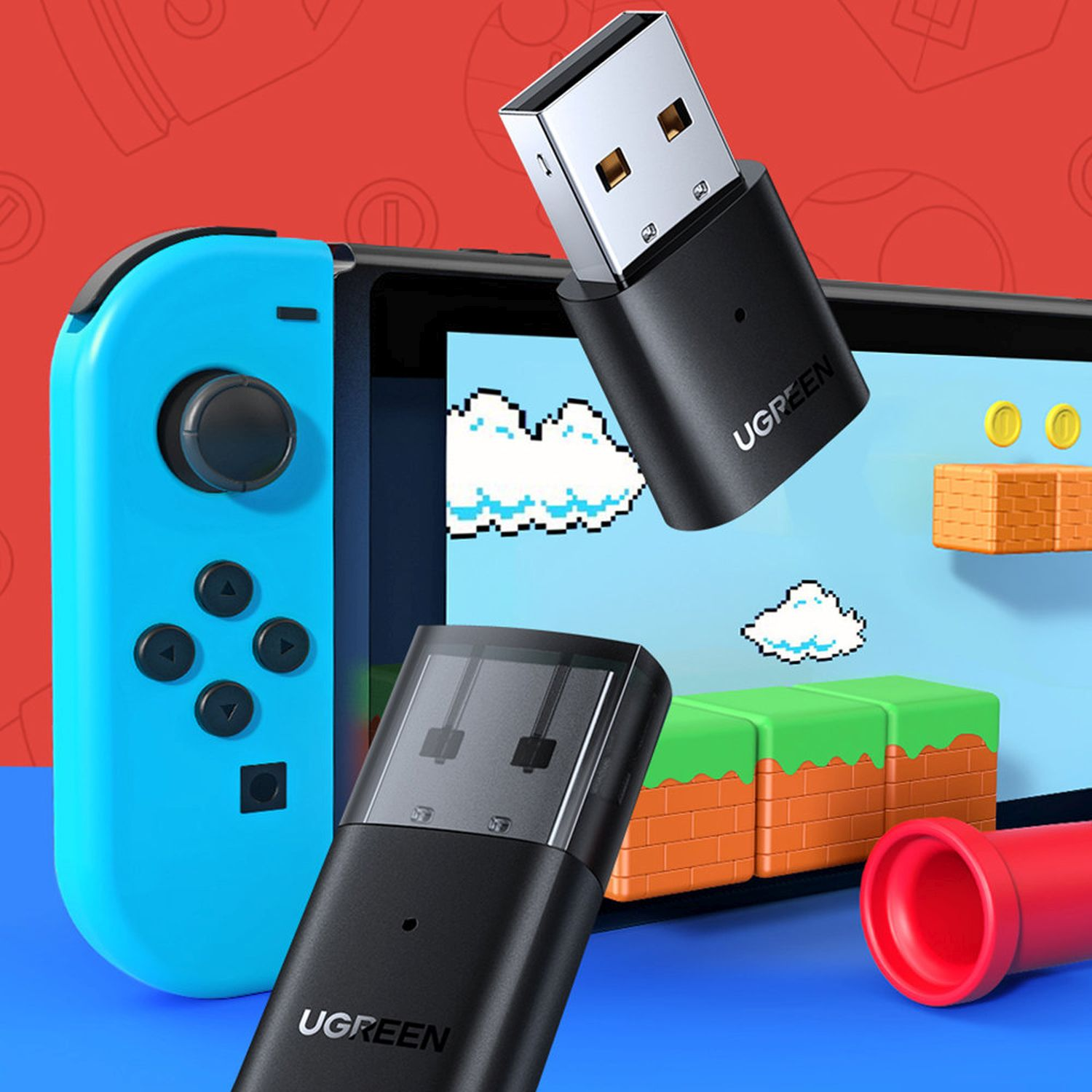 Niebieski Nintendo Switch z ekranem gry, dwoma czarnymi adapterami USB i tłem gry Mario.