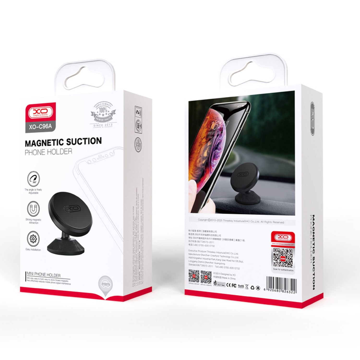 Eine schwarz-weiße Box mit einem Telefonhalter, einem Telefon mit Bildschirm und Produktinformationen.