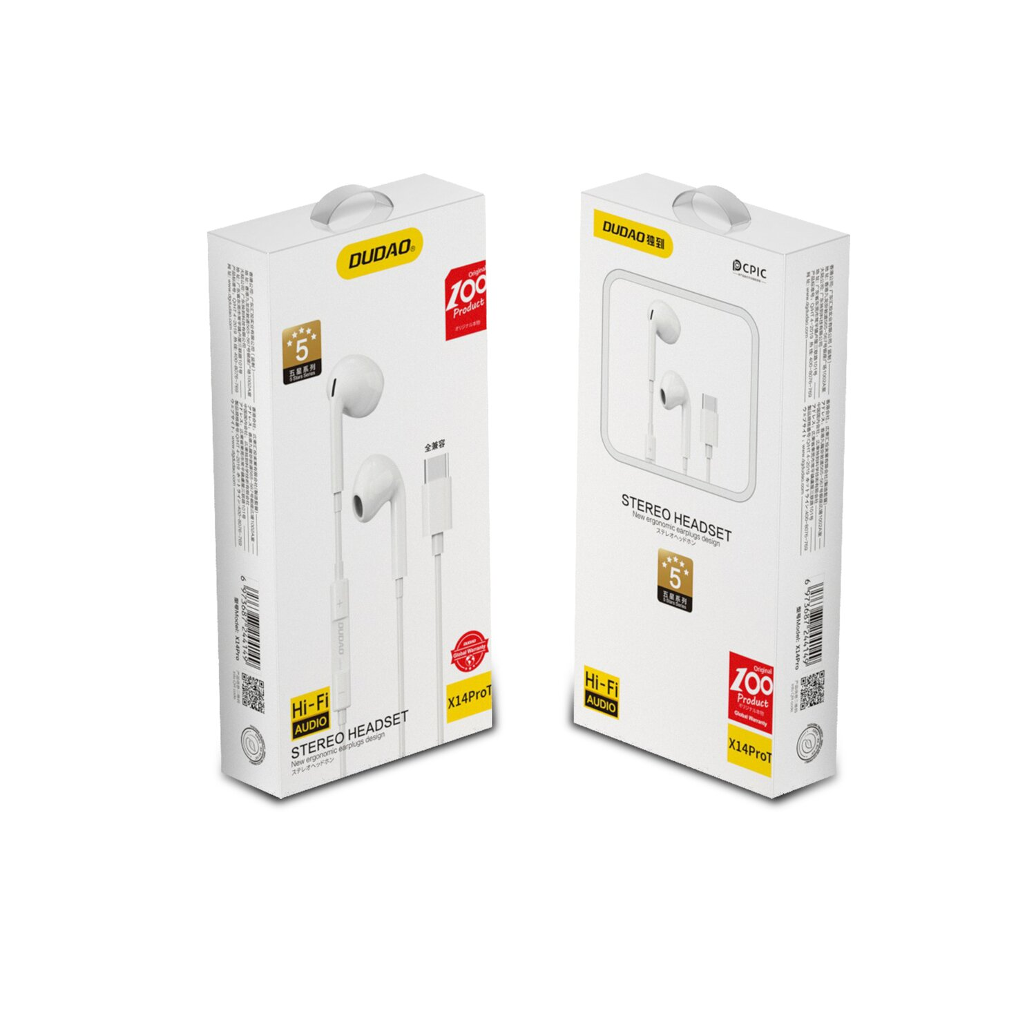 Dwa białe pudełka słuchawek, jedno otwarte. Tekst mówi 'STEREO HEADSET'.