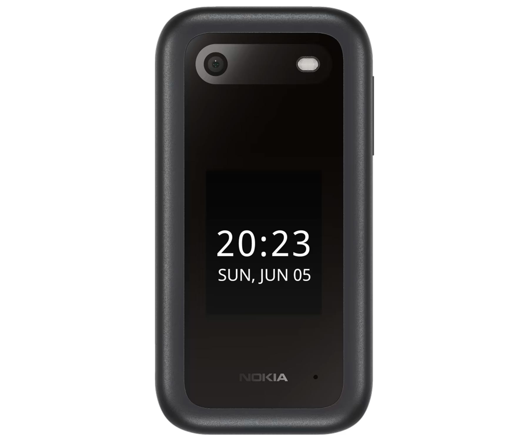 Czarny telefon Nokia z wyświetlaną godziną i datą.